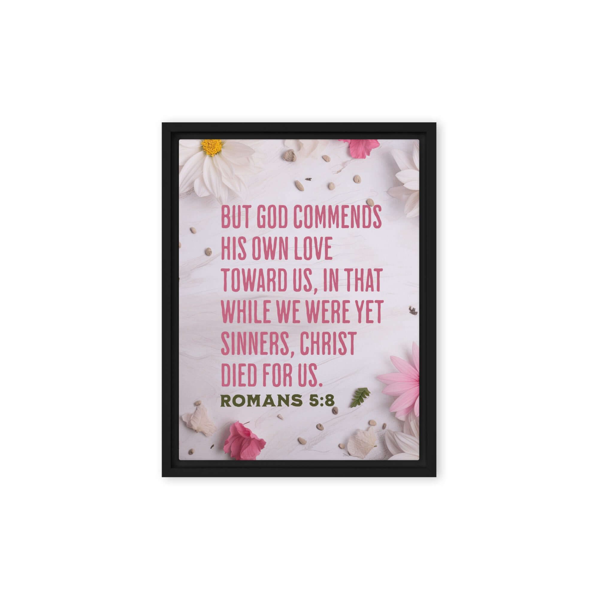 Romans 5:8 Bible Verse, Christ Died for Us Framed Canvas Print Wall Art Black 9″×12″