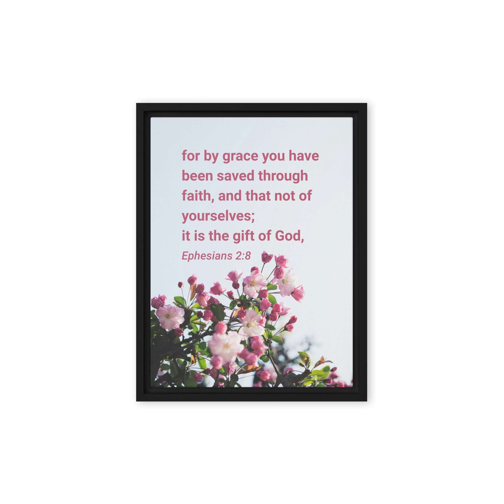 Ephesians 2:8 Bible Verse, saved through faith Framed Canvas Print Wall Art Black 9″×12″