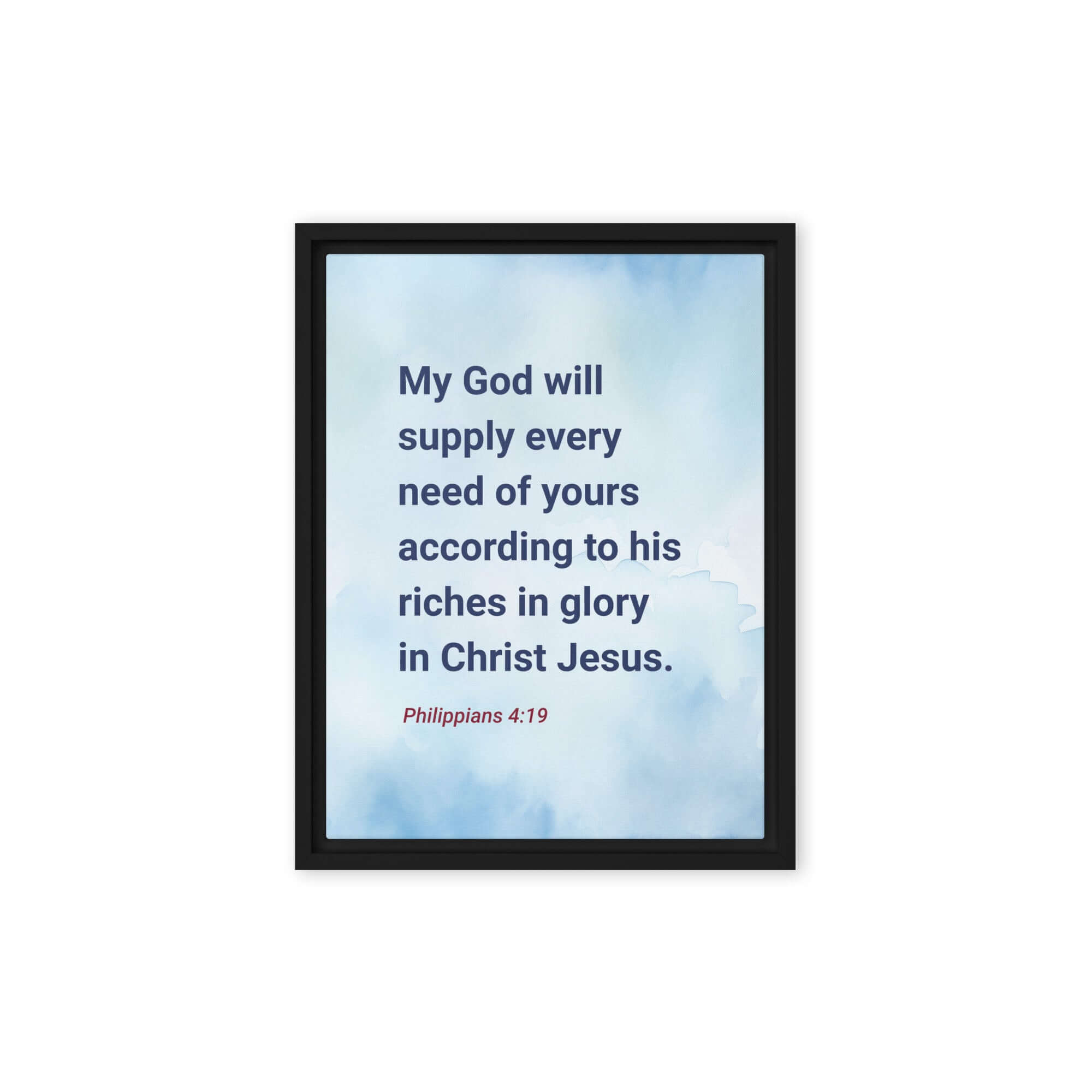 Philippians 4:19 Bible Verse, God will supply Framed Canvas Print Wall Art Black 9″×12″
