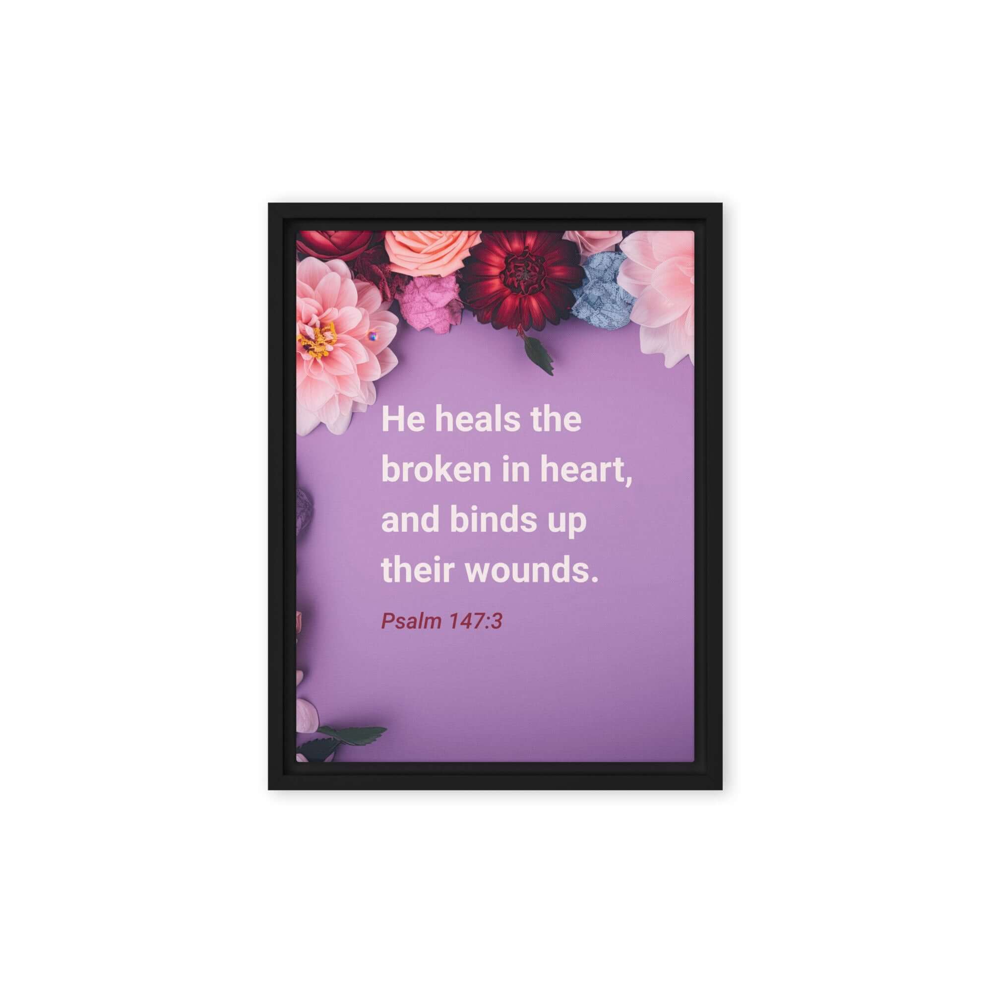 Psalm 147:3 Bible Verse, He heals the broken Framed Canvas Print Wall Art Black 9″×12″