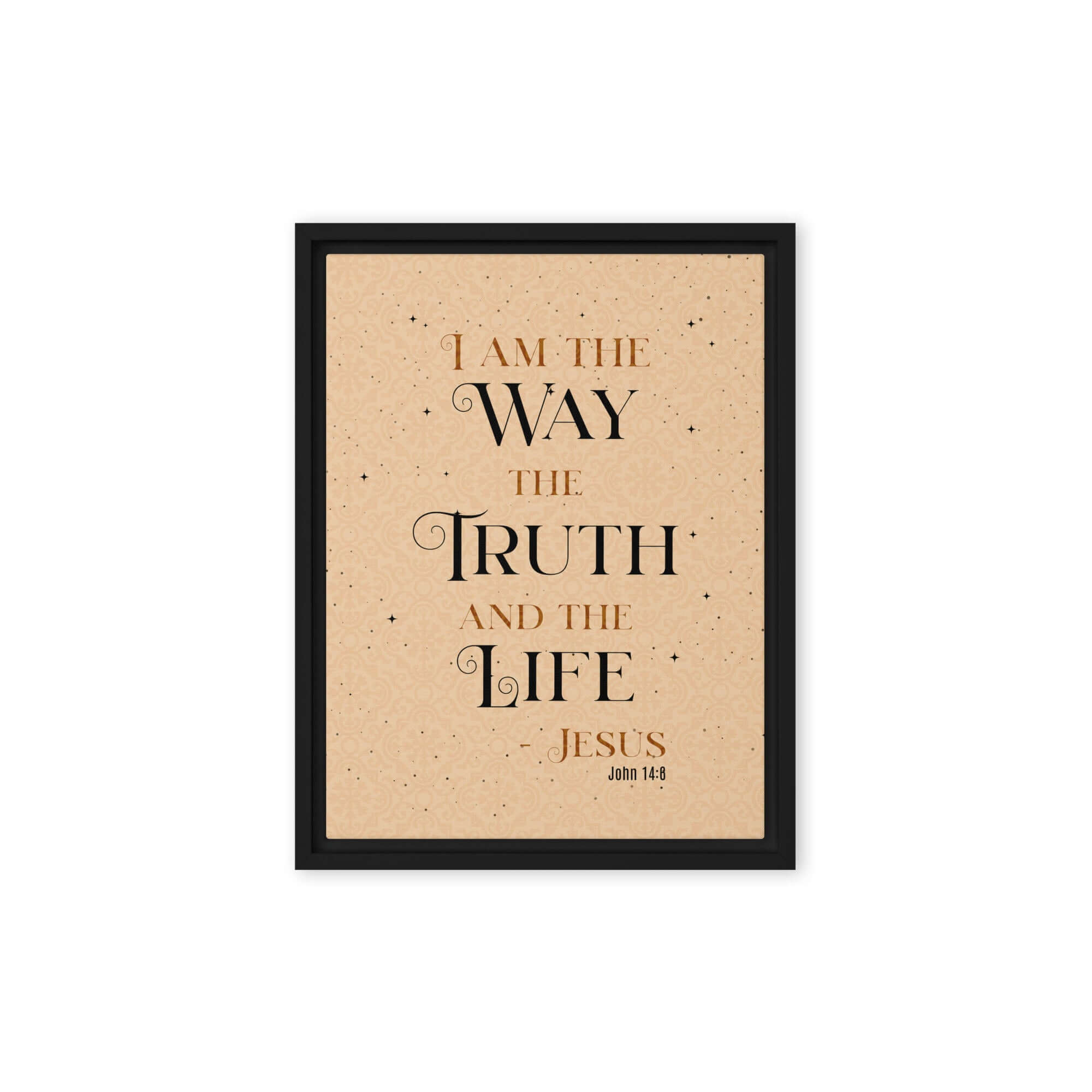 John 14:6 Bible Verse, Color Text Brown Background Framed Canvas Print Wall Art Black 9″×12″
