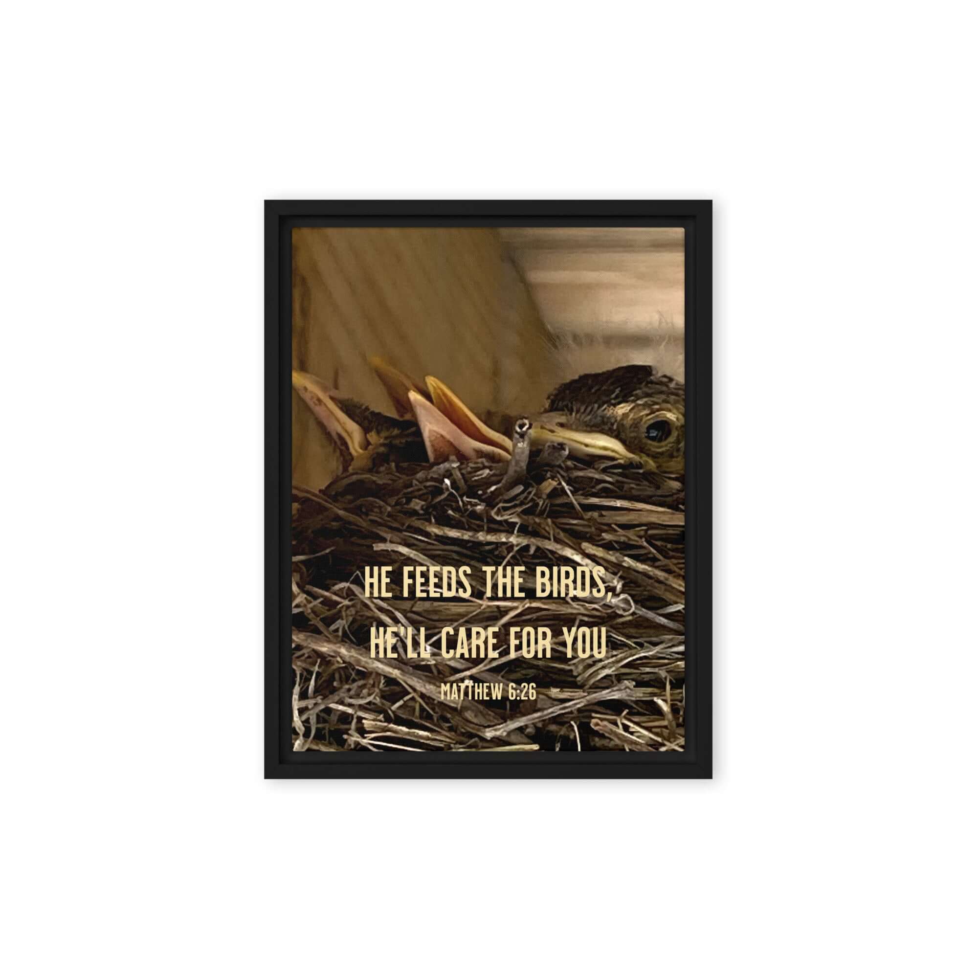 Matthew 6:26 Baby Robins, He'll Care for You Framed Canvas Print Wall Art Black 9″×12″