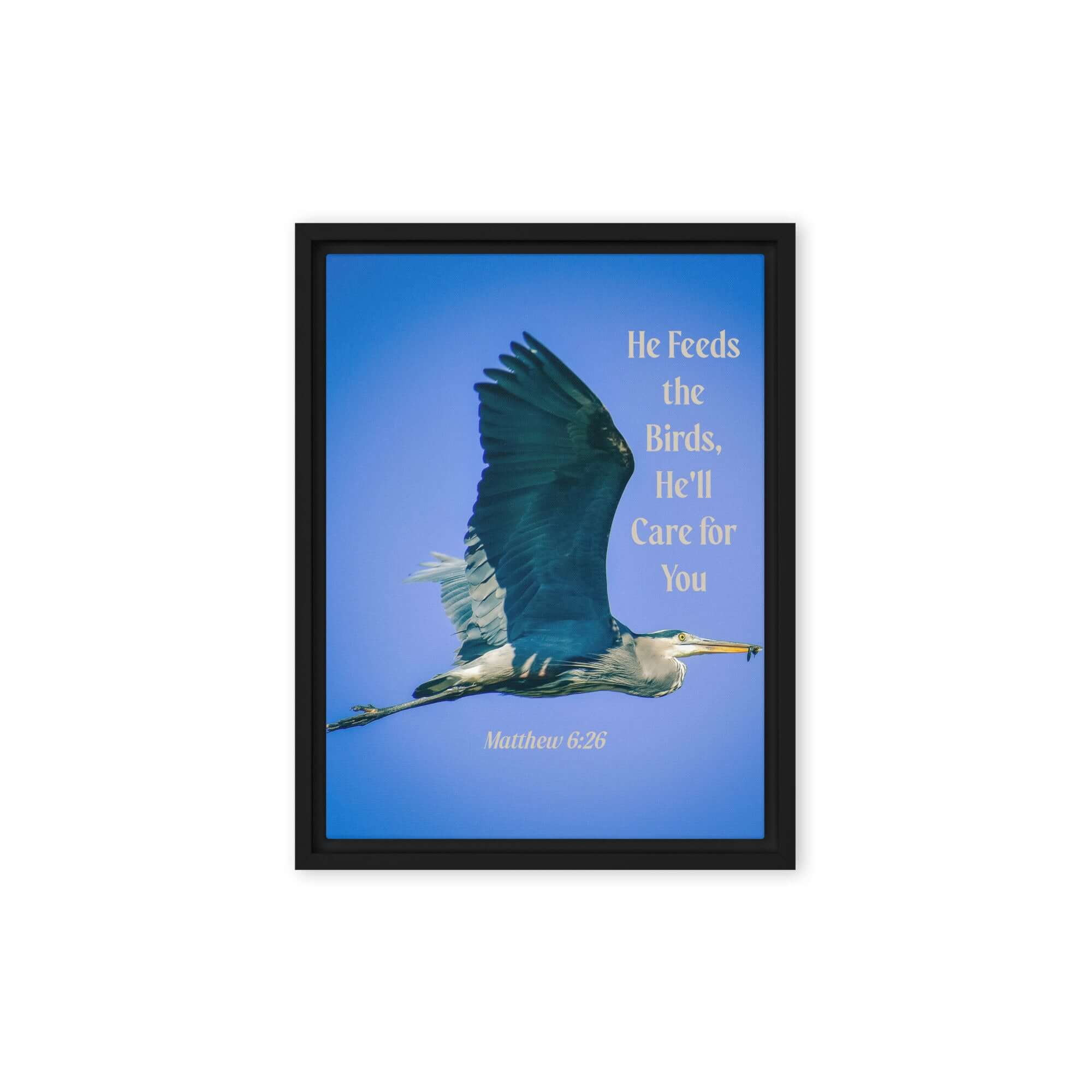 Matthew 6:26 Graceful Heron, He'll Care for You Framed Canvas Print Wall Art Black 9″×12″