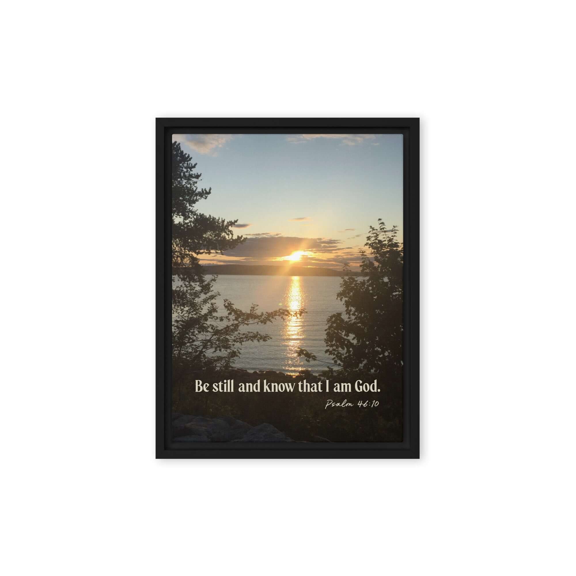 Psalm 46:10 Bible Verse, Sunset Glory Framed Canvas Print Wall Art Black 9″×12″