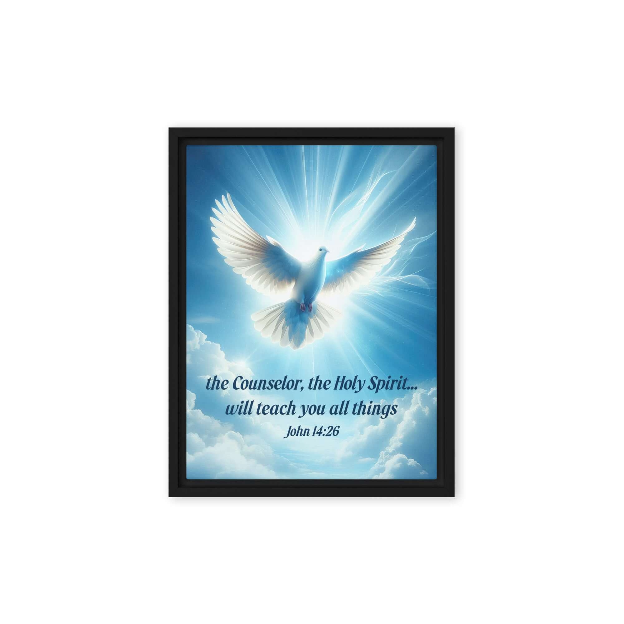 John 14:26 Bible Verse, Holy Spirit Dove Framed Canvas Print Wall Art Black 9″×12″