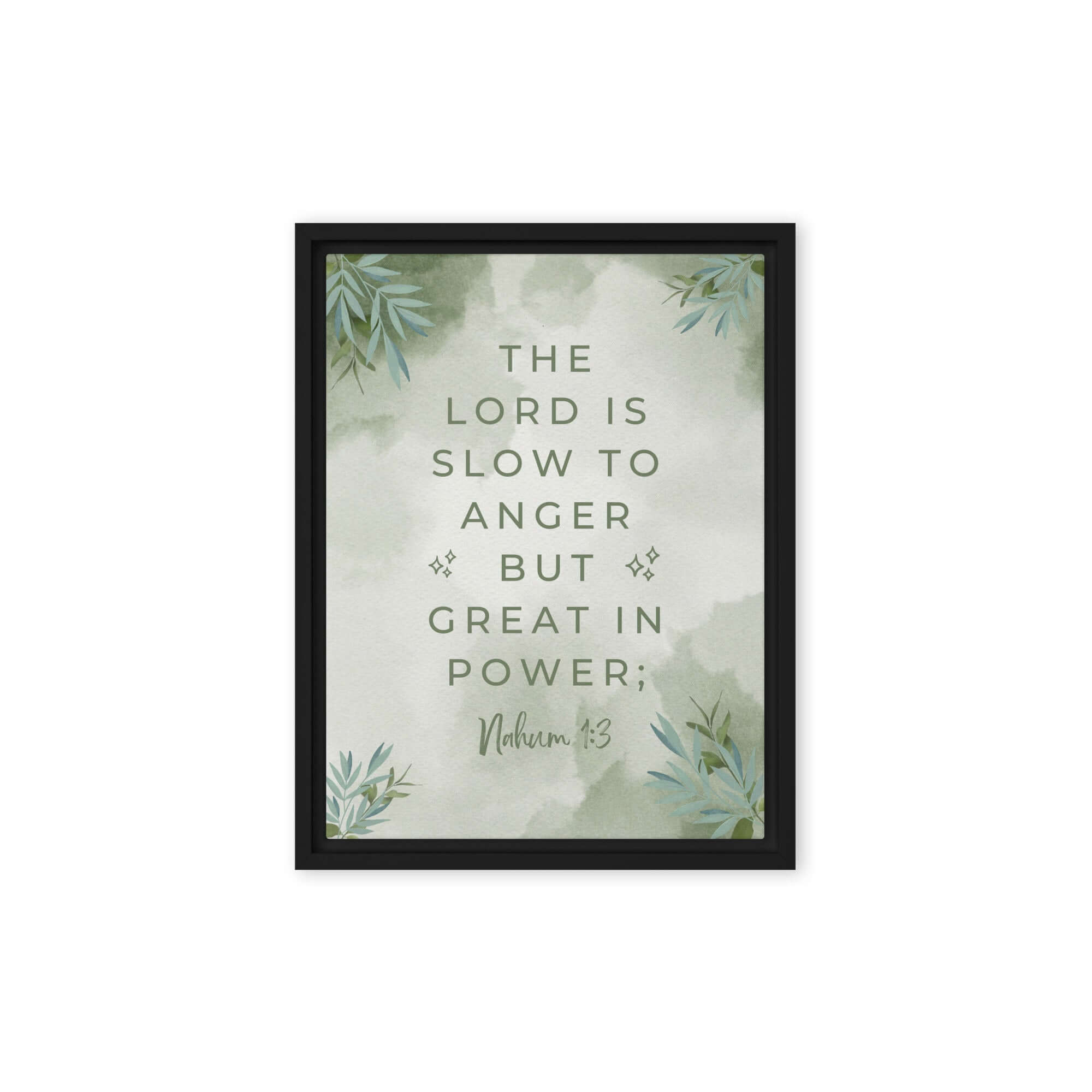 Nahum 1:3 Bible Verse, The Lord is slow Framed Canvas Print Wall Art Black 9″×12″