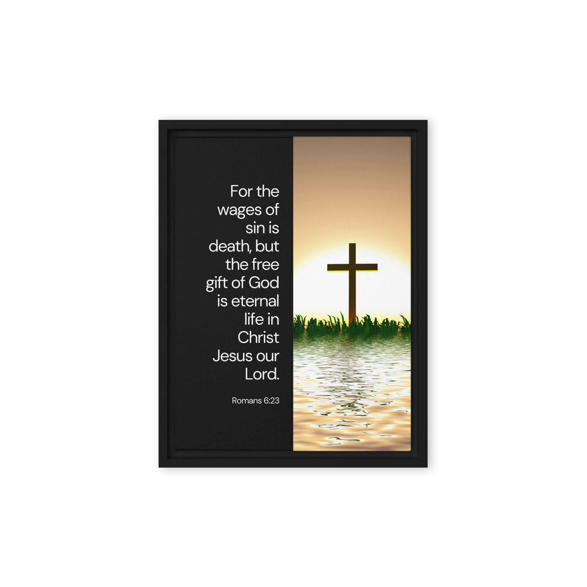 Romans 6:23 Bible Verse, the wages Framed Canvas Print Wall Art Black 9″×12″