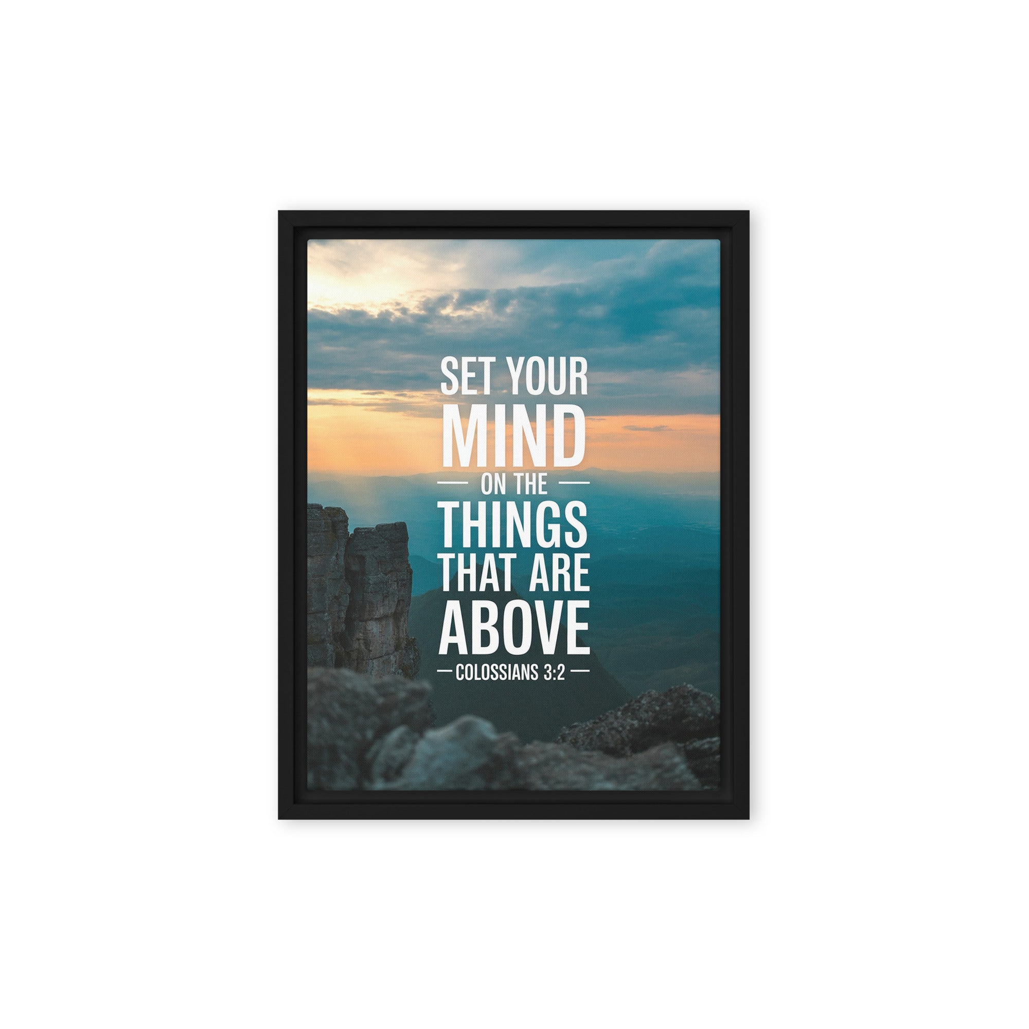 Colossians 3:2 Bible Verse on the Framed Canvas Black 9″×12″