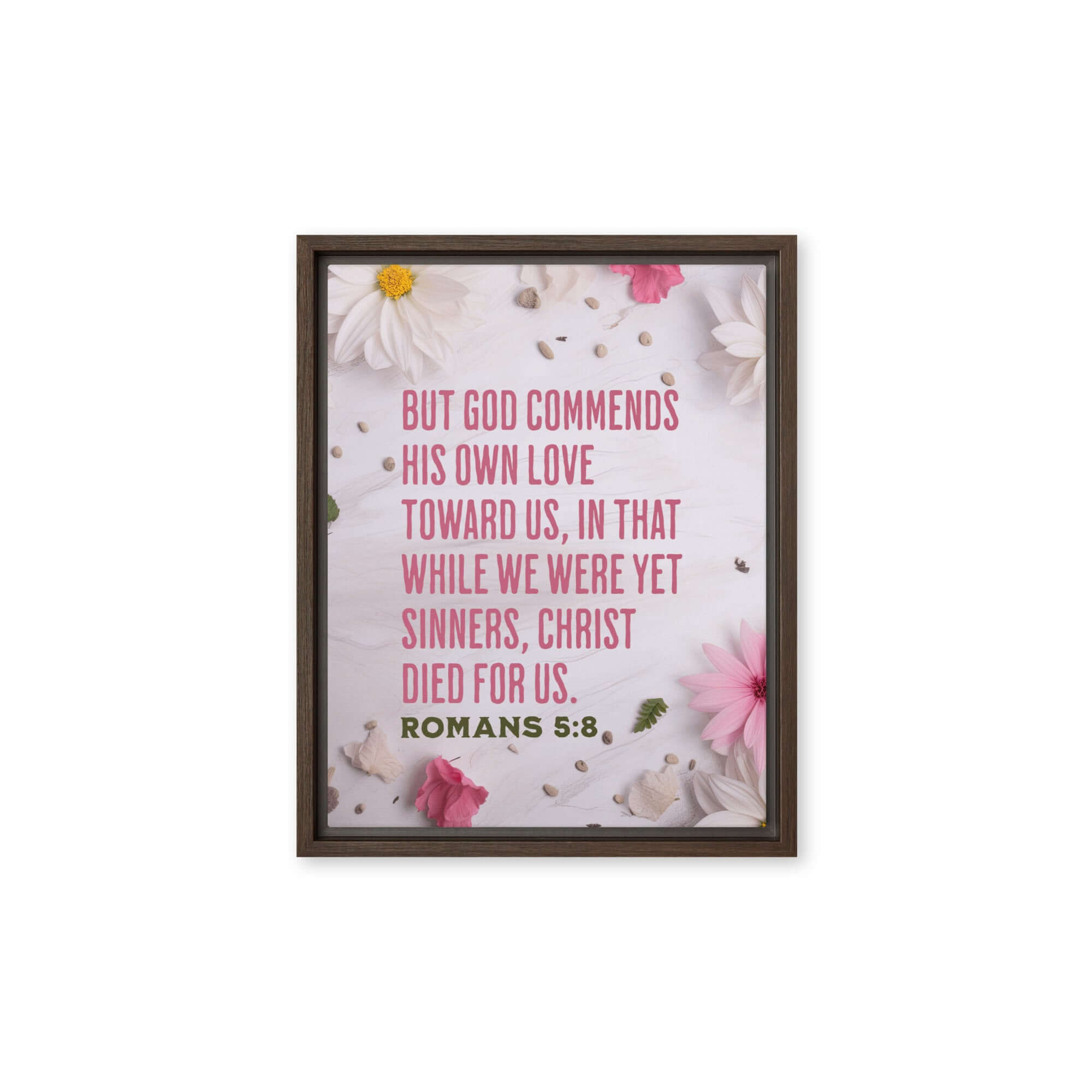 Romans 5:8 Bible Verse, Christ Died for Us Framed Canvas Print Wall Art Brown 11″×14″