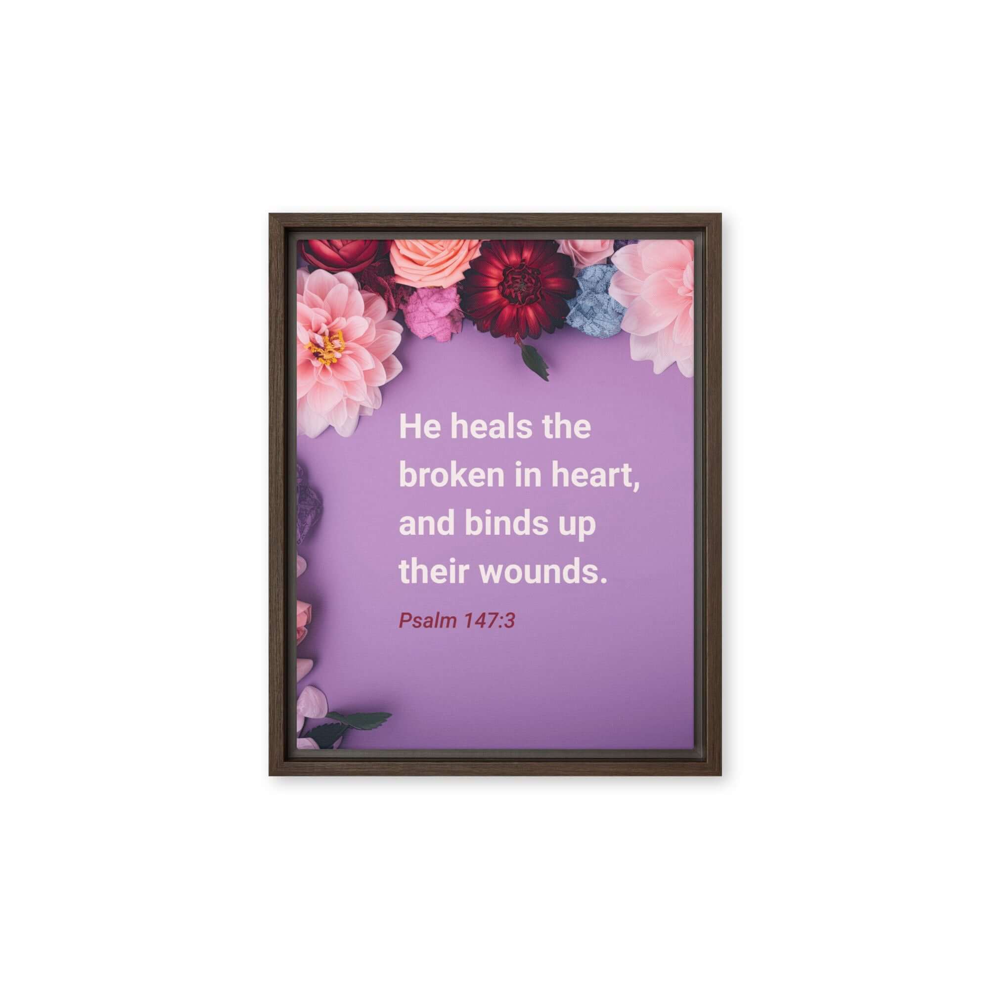 Psalm 147:3 Bible Verse, He heals the broken Framed Canvas Print Wall Art Brown 11″×14″
