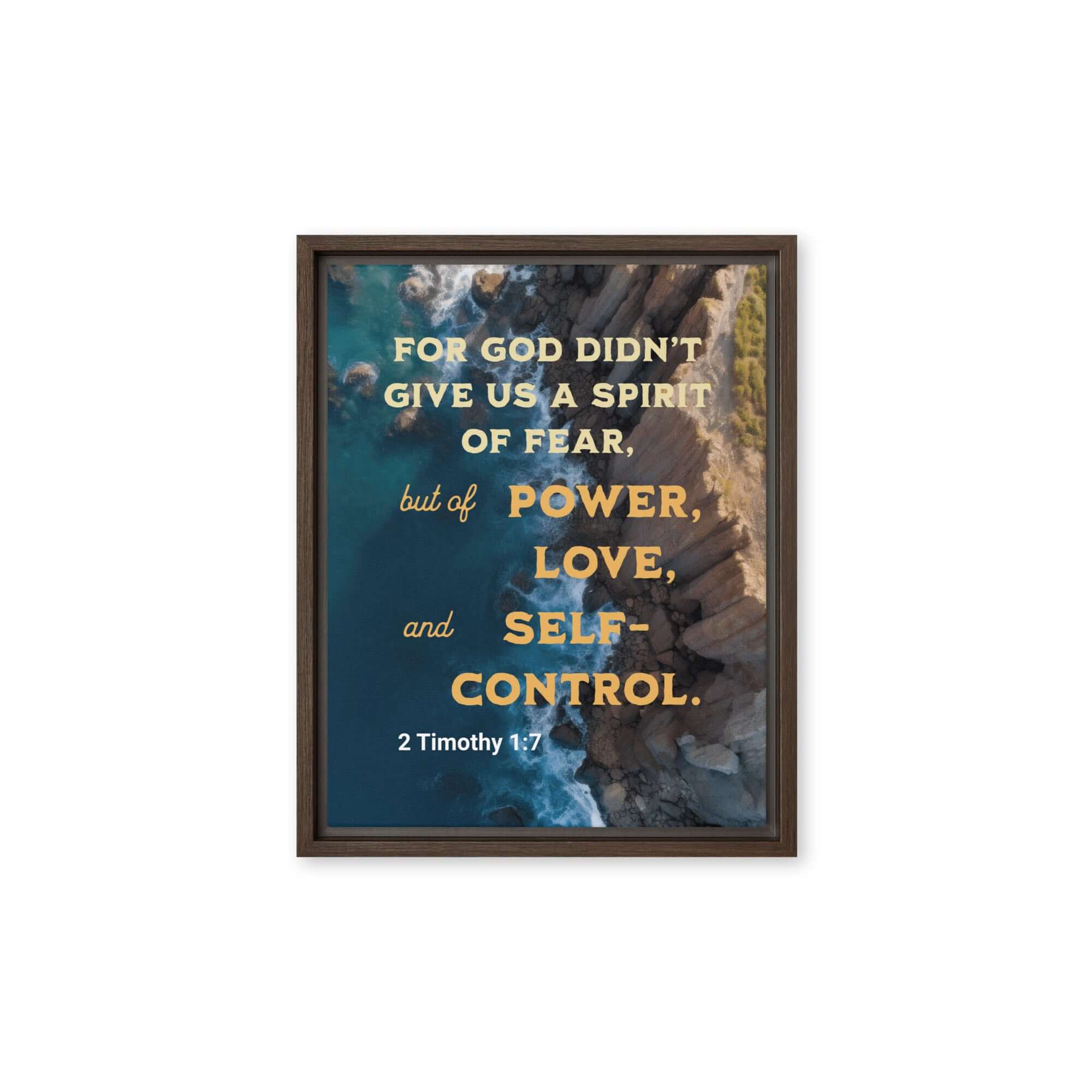 2 Timothy 1:7 Bible Verse, Power, Love, Self-Control Framed Canvas Print Wall Art Brown 11″×14″