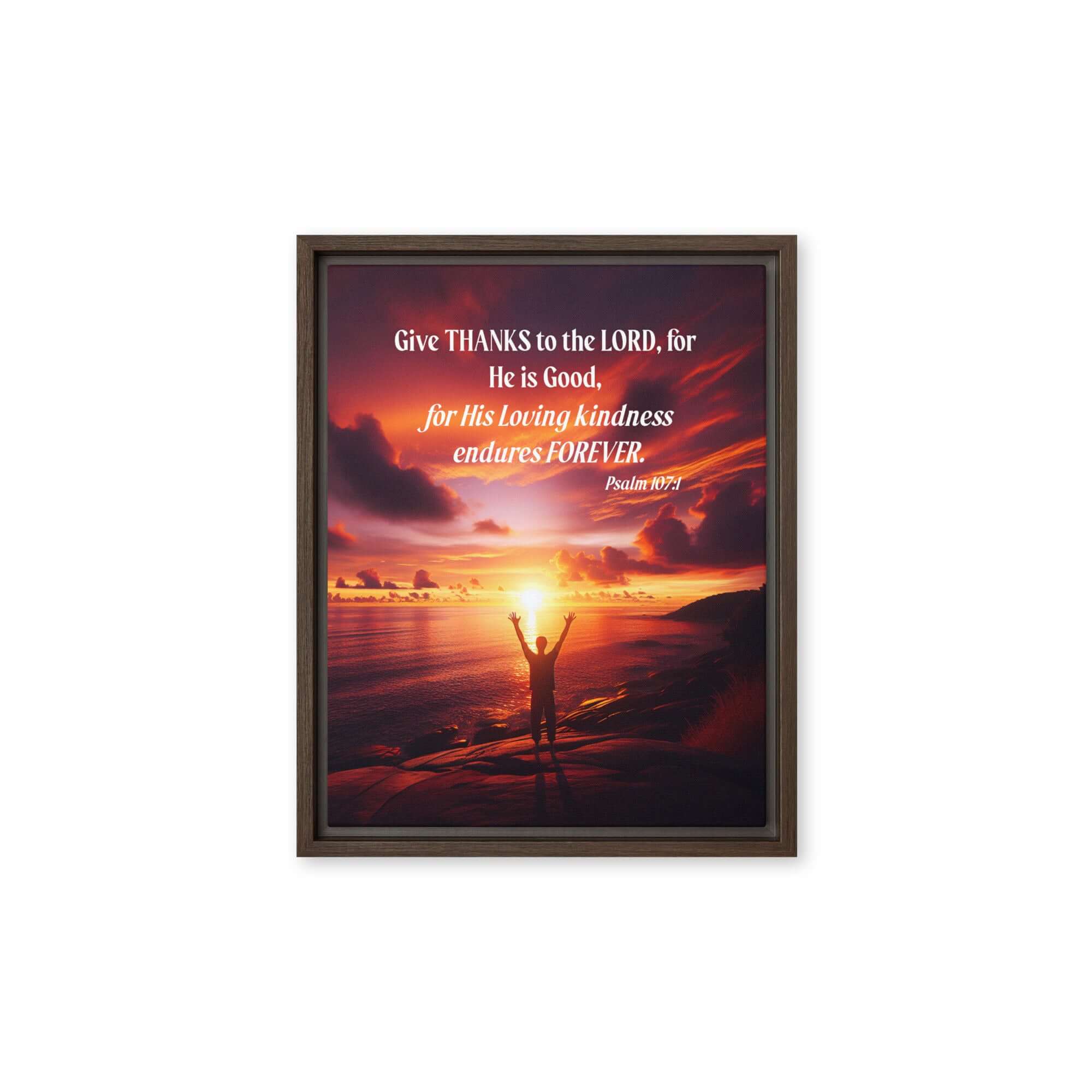 Psalm 107:1 Bible Verse, Give Thanks to the Lord Framed Canvas Print Wall Art Brown 11″×14″