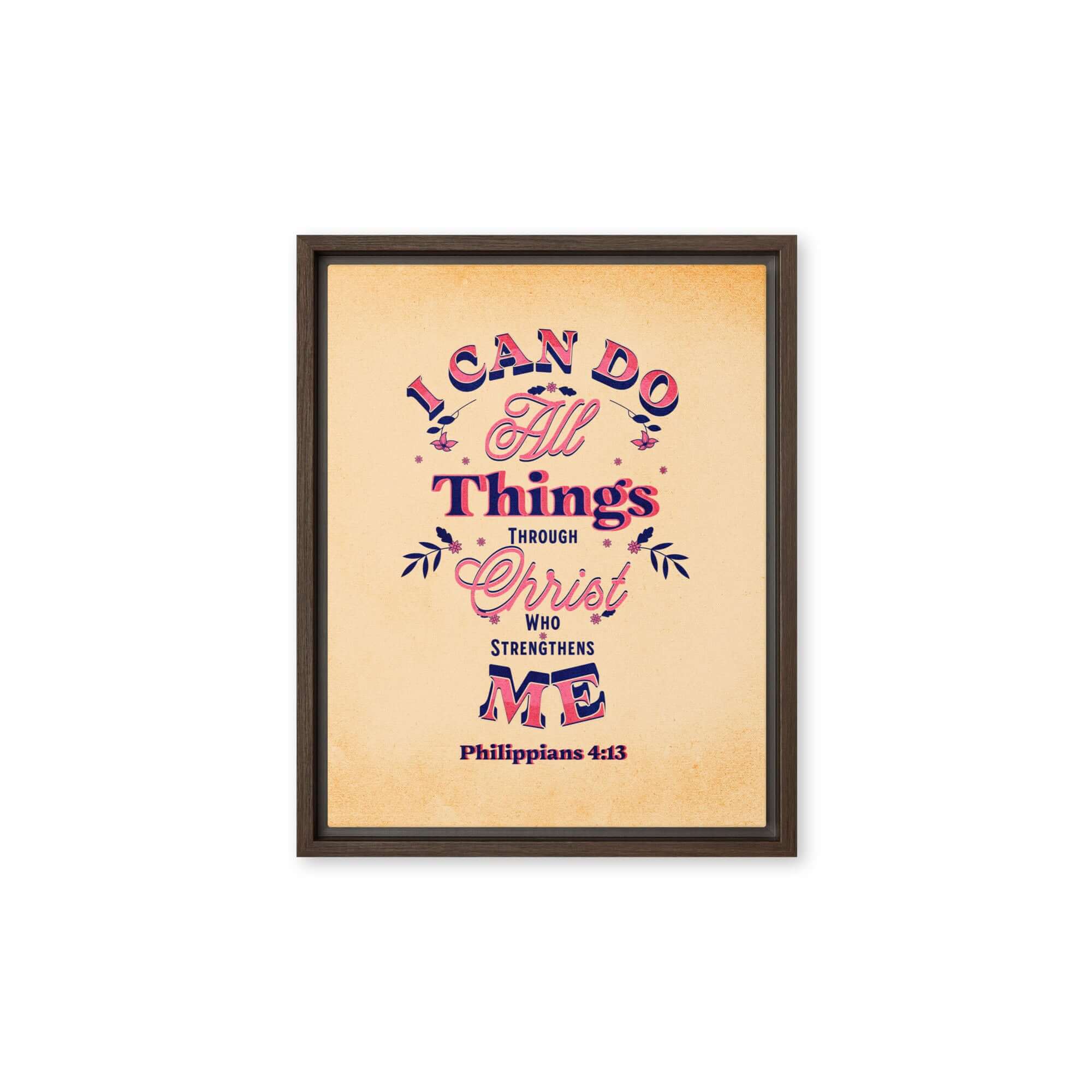 Philippians 4:13 Bible Verse, Christ Strengthens Me Framed Canvas Print Wall Art Brown 11″×14″