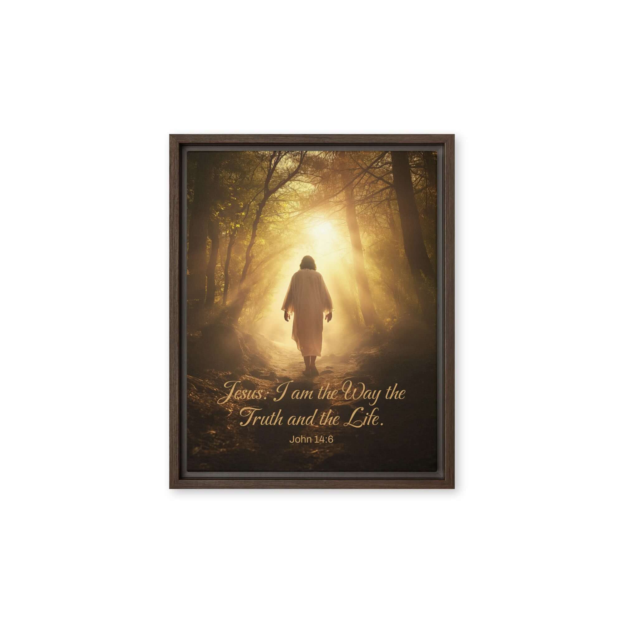John 14:6 Bible Verse, Forest Image Framed Canvas Print Wall Art Brown 11″×14″