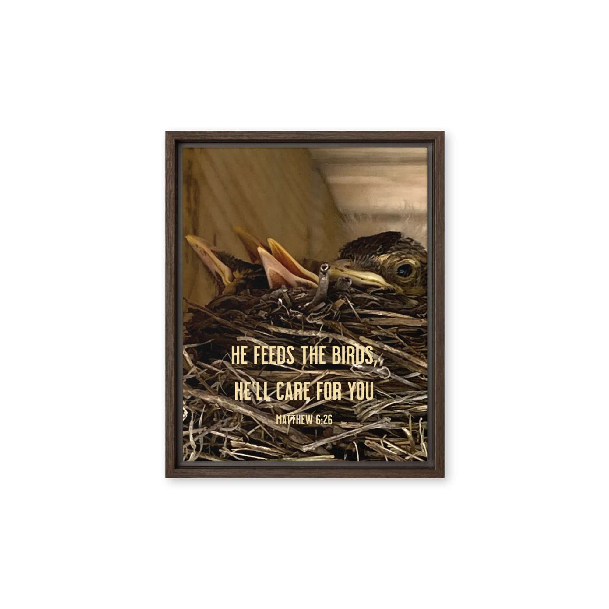 Matthew 6:26 Baby Robins, He'll Care for You Framed Canvas Print Wall Art Brown 11″×14″
