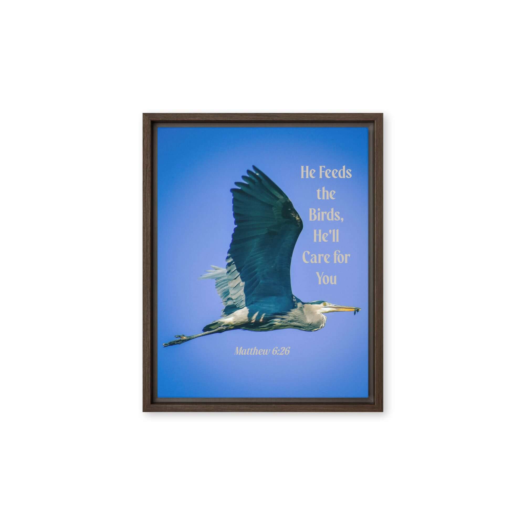 Matthew 6:26 Graceful Heron, He'll Care for You Framed Canvas Print Wall Art Brown 11″×14″