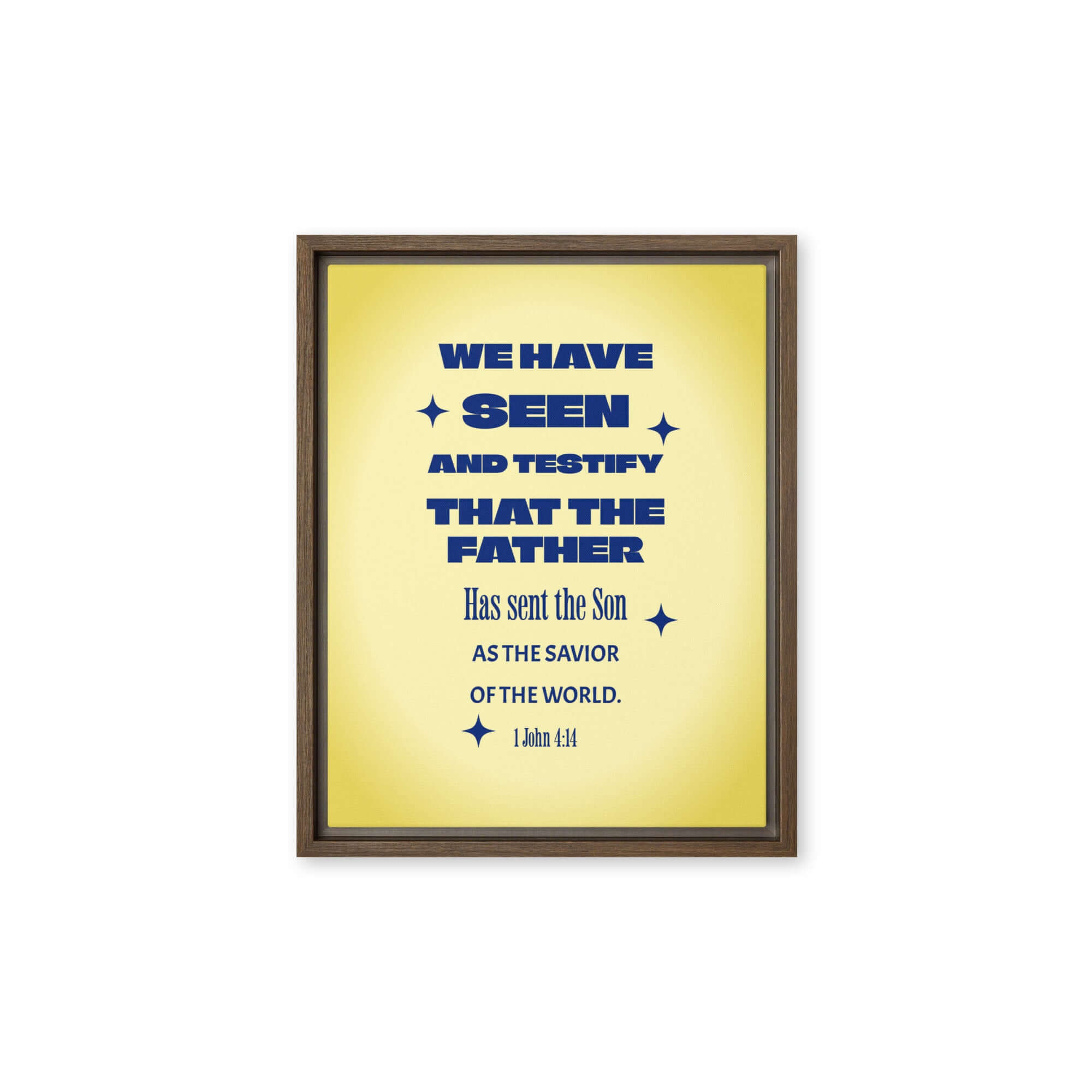 1 John 4:14 Bible Verse, Savior of the world Framed Canvas Print Wall Art Brown 11″×14″