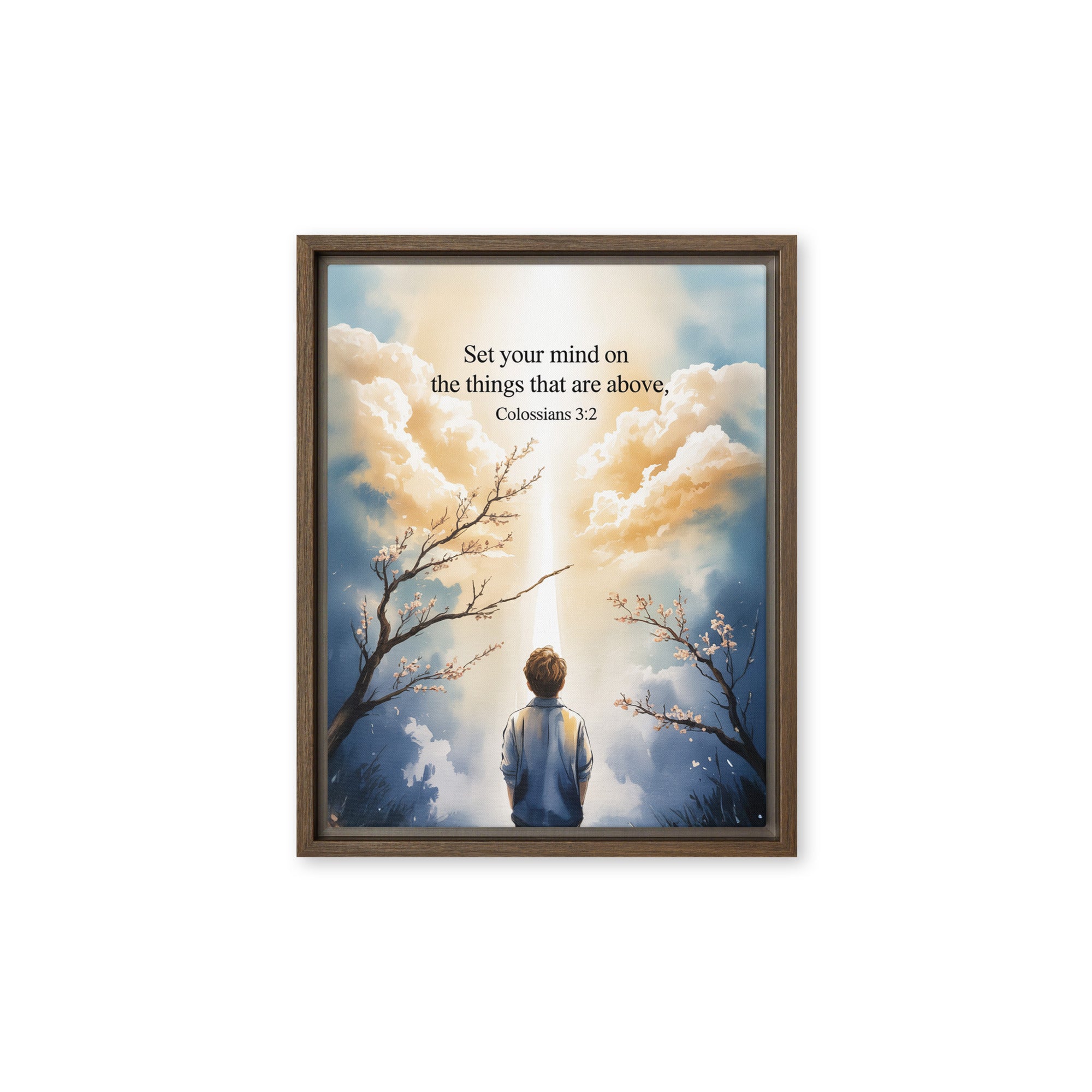 Colossians 3:2 Bible Verse the things Framed Canvas Brown 11″×14″