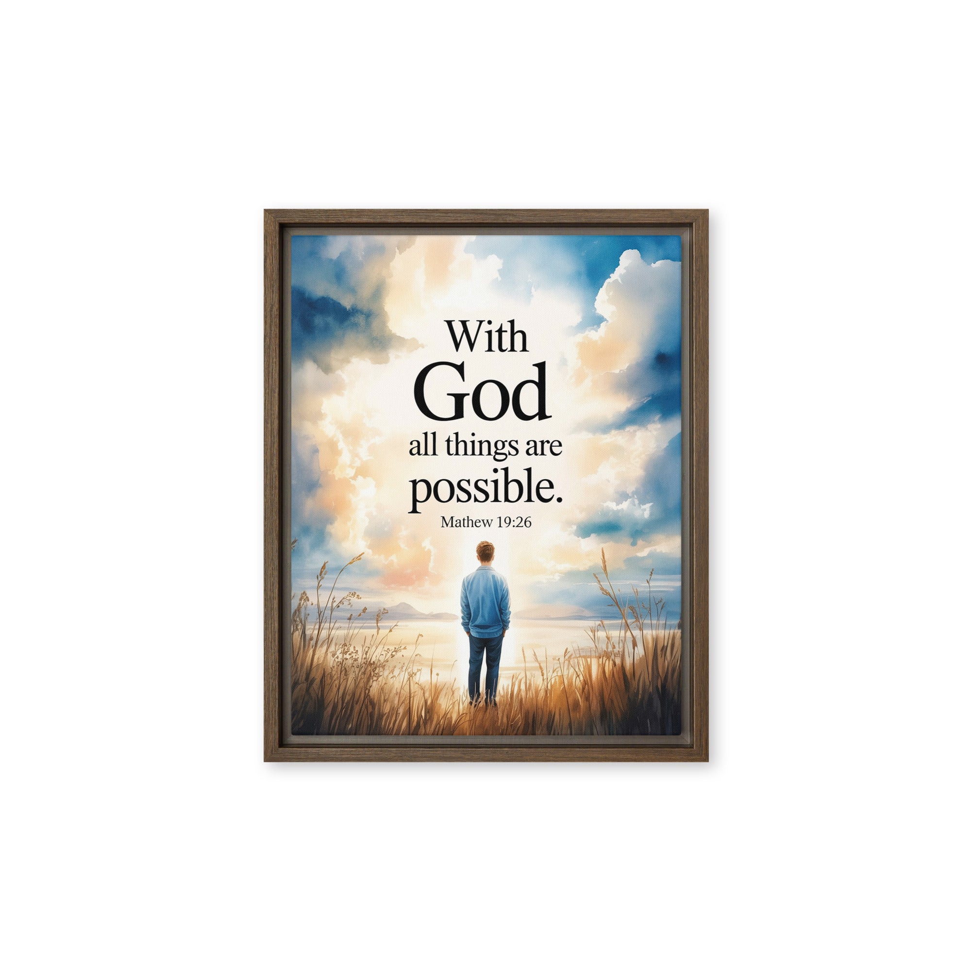 Matthew 19:26 Bible Verse Jesus Framed Canvas Brown 11″×14″