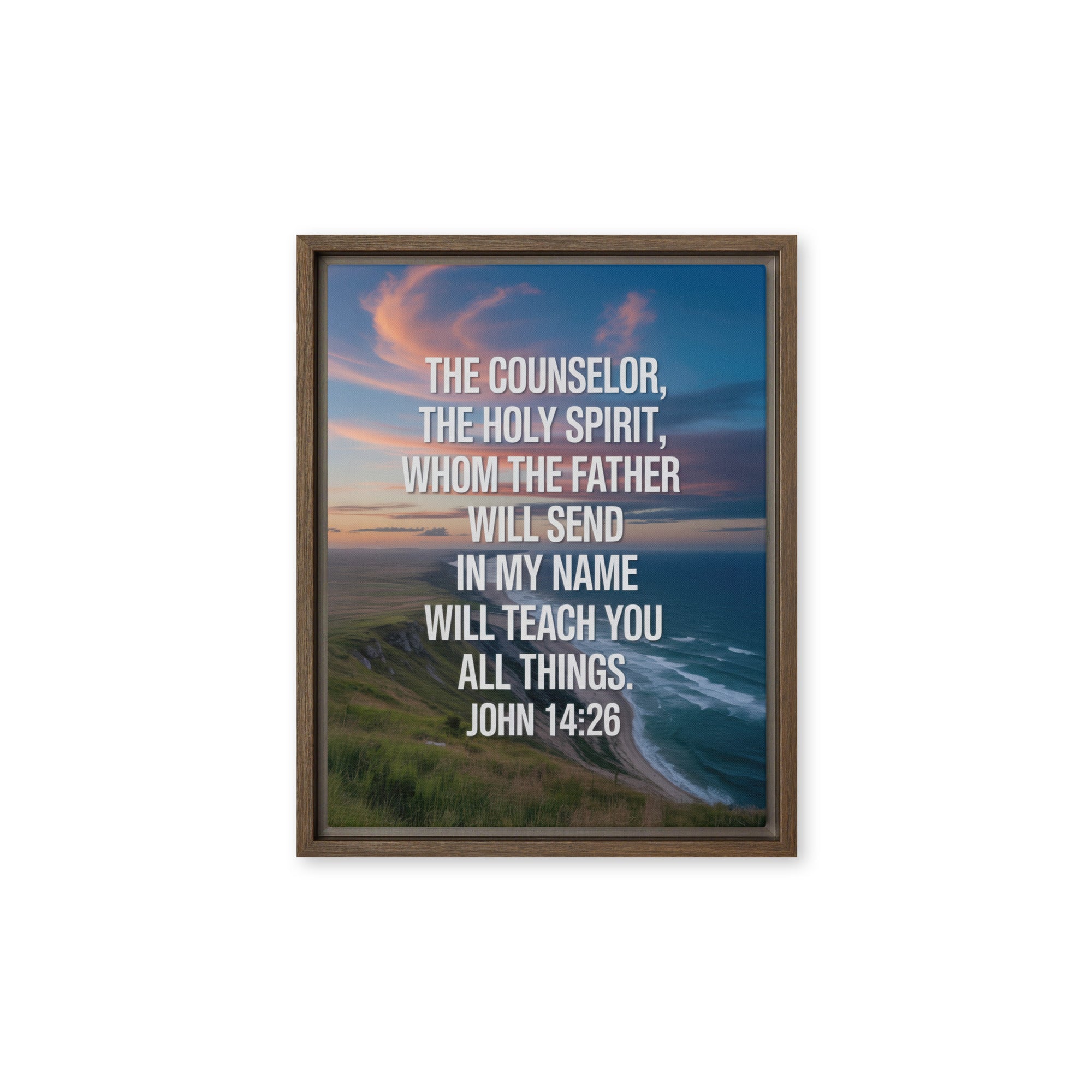 John 14:26 Bible Verse will teach Framed Canvas Brown 11″×14″