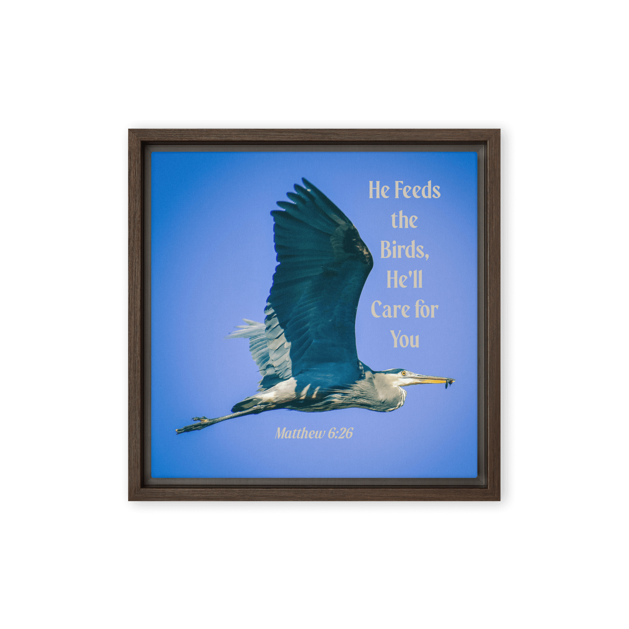 Matthew 6:26 Graceful Heron, He'll Care for You Framed Canvas Print Wall Art Brown 12″×12″