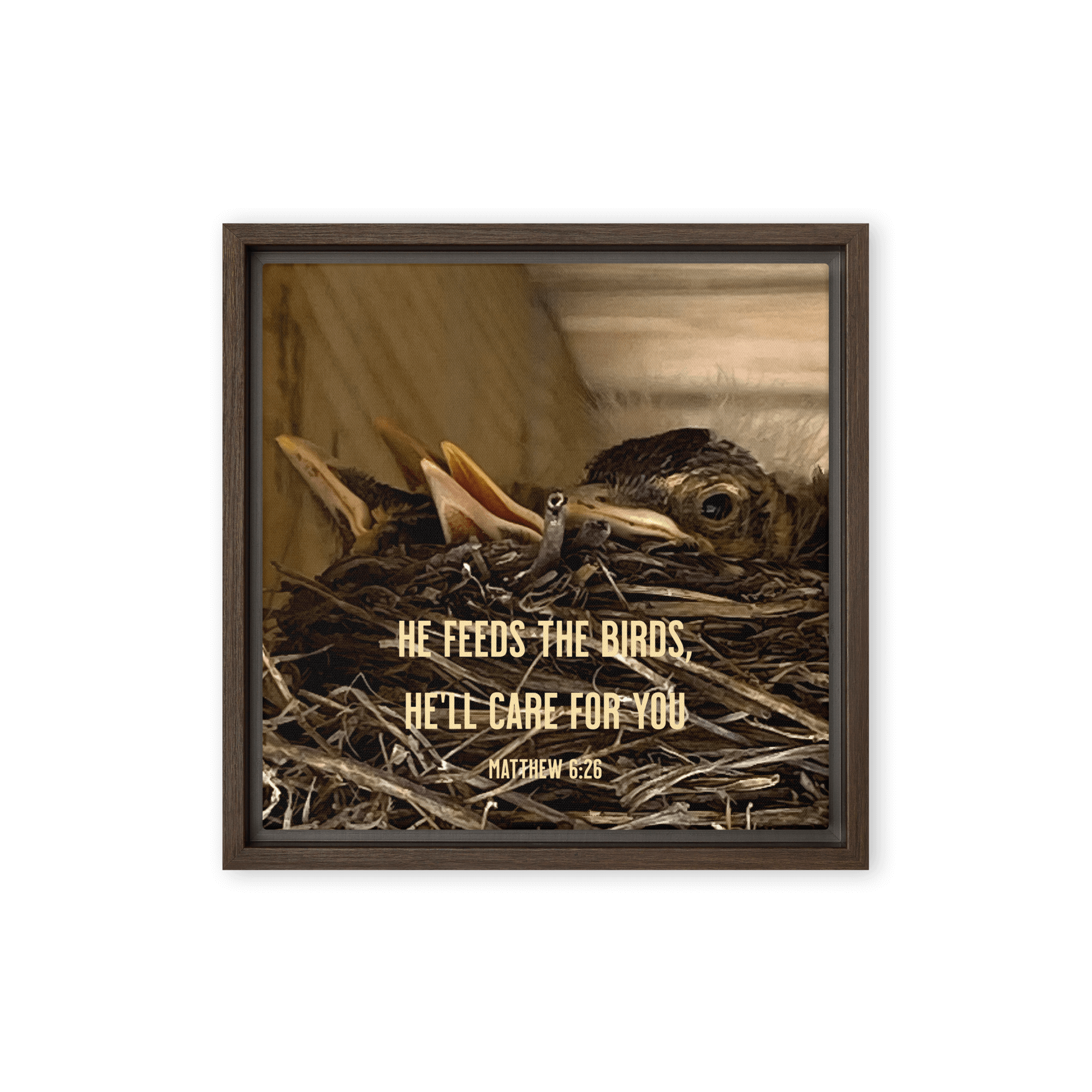 Matthew 6:26 Baby Robins, He'll Care for You Framed Canvas Print Wall Art Brown 12″×12″