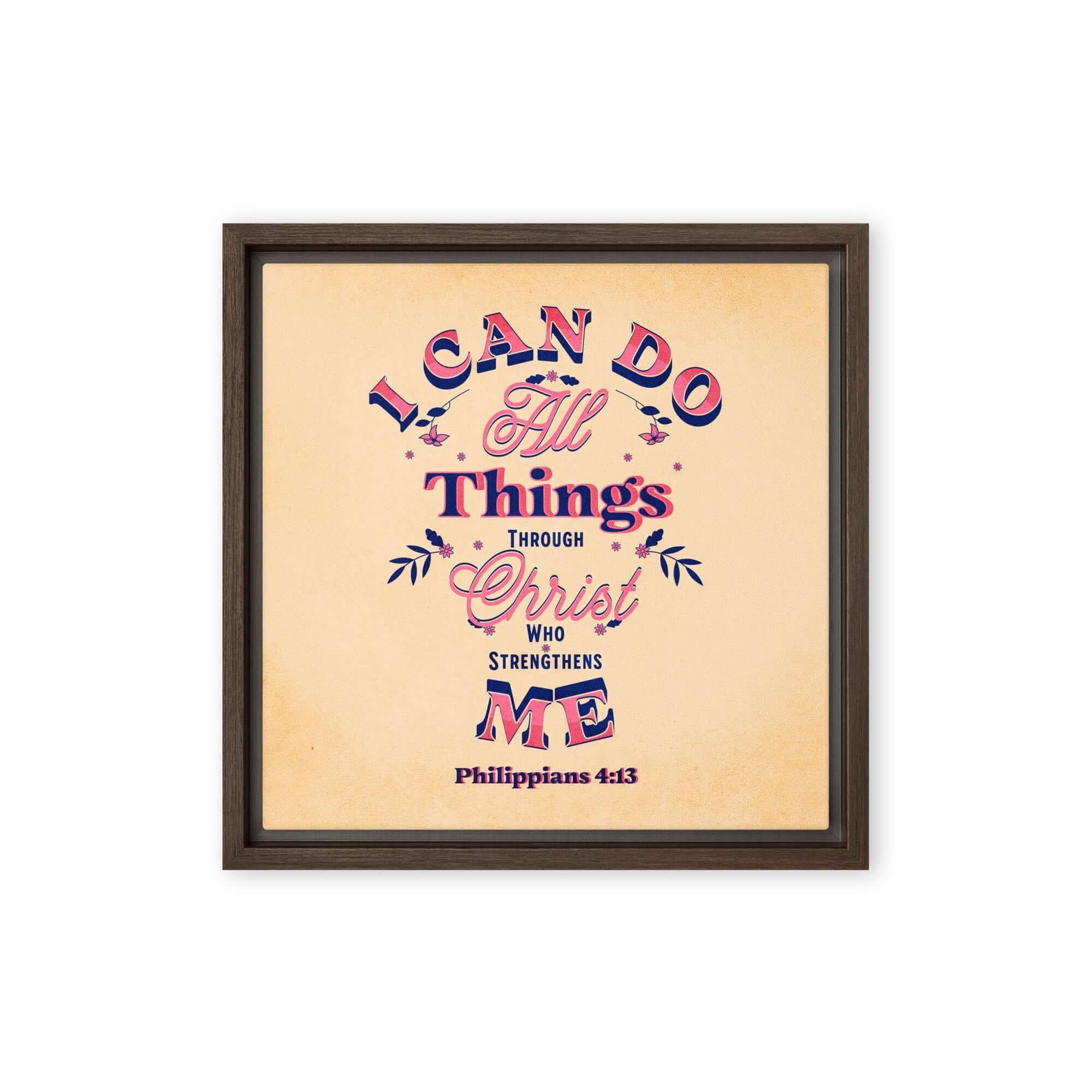 Philippians 4:13 Bible Verse, Christ Strengthens Me Framed Canvas Print Wall Art Brown 12″×12″