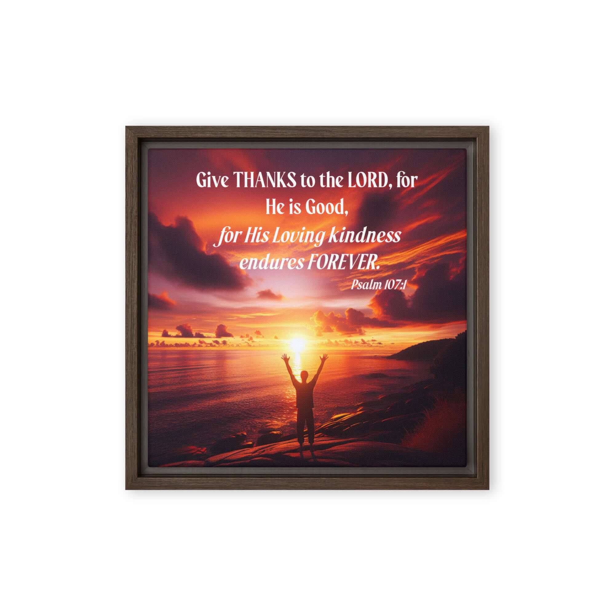 Psalm 107:1 Bible Verse, Give Thanks to the Lord Framed Canvas Print Wall Art Brown 12″×12″