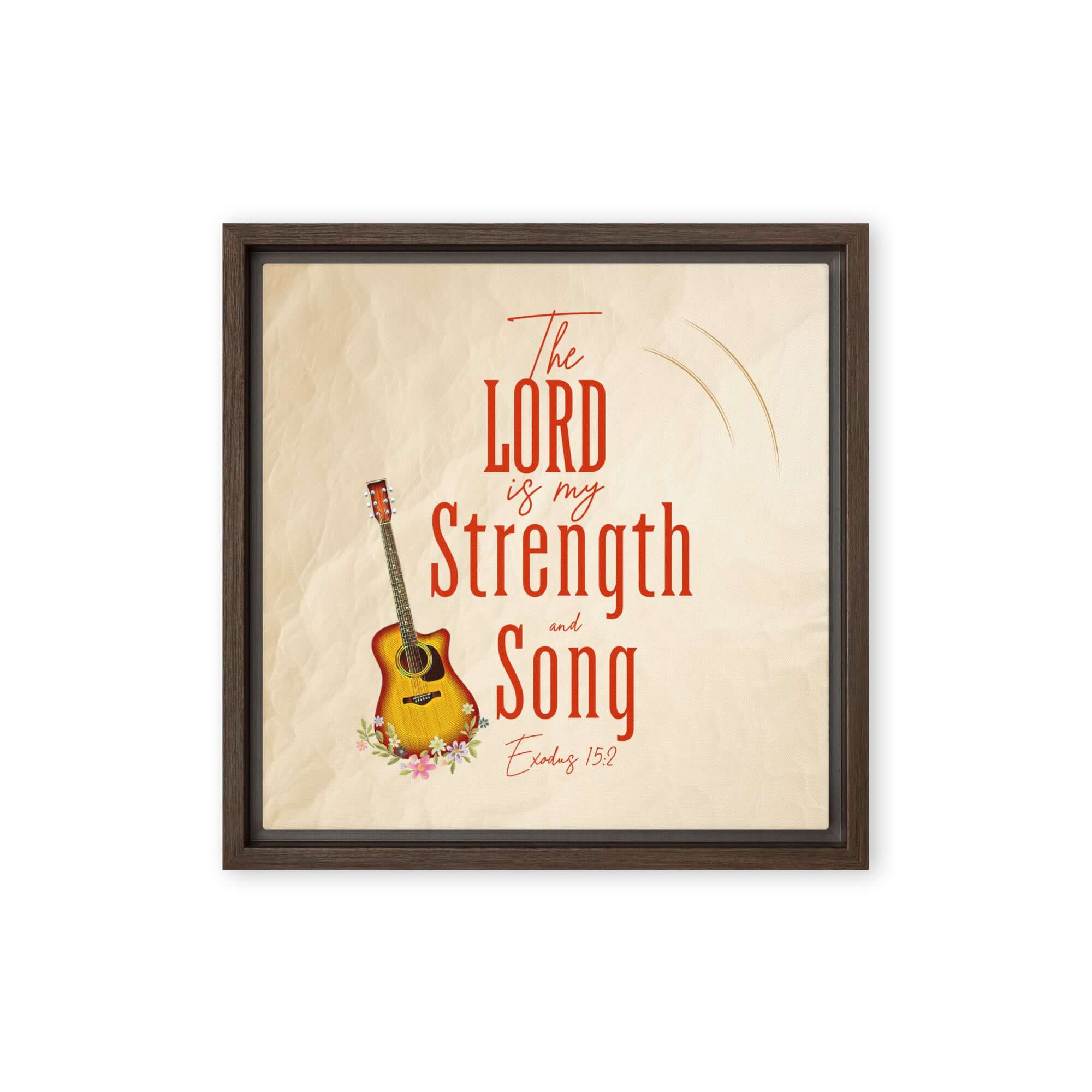 Exodus 15:2 Bible Verse, The LORD is my strength Framed Canvas Print Wall Art Brown 12″×12″