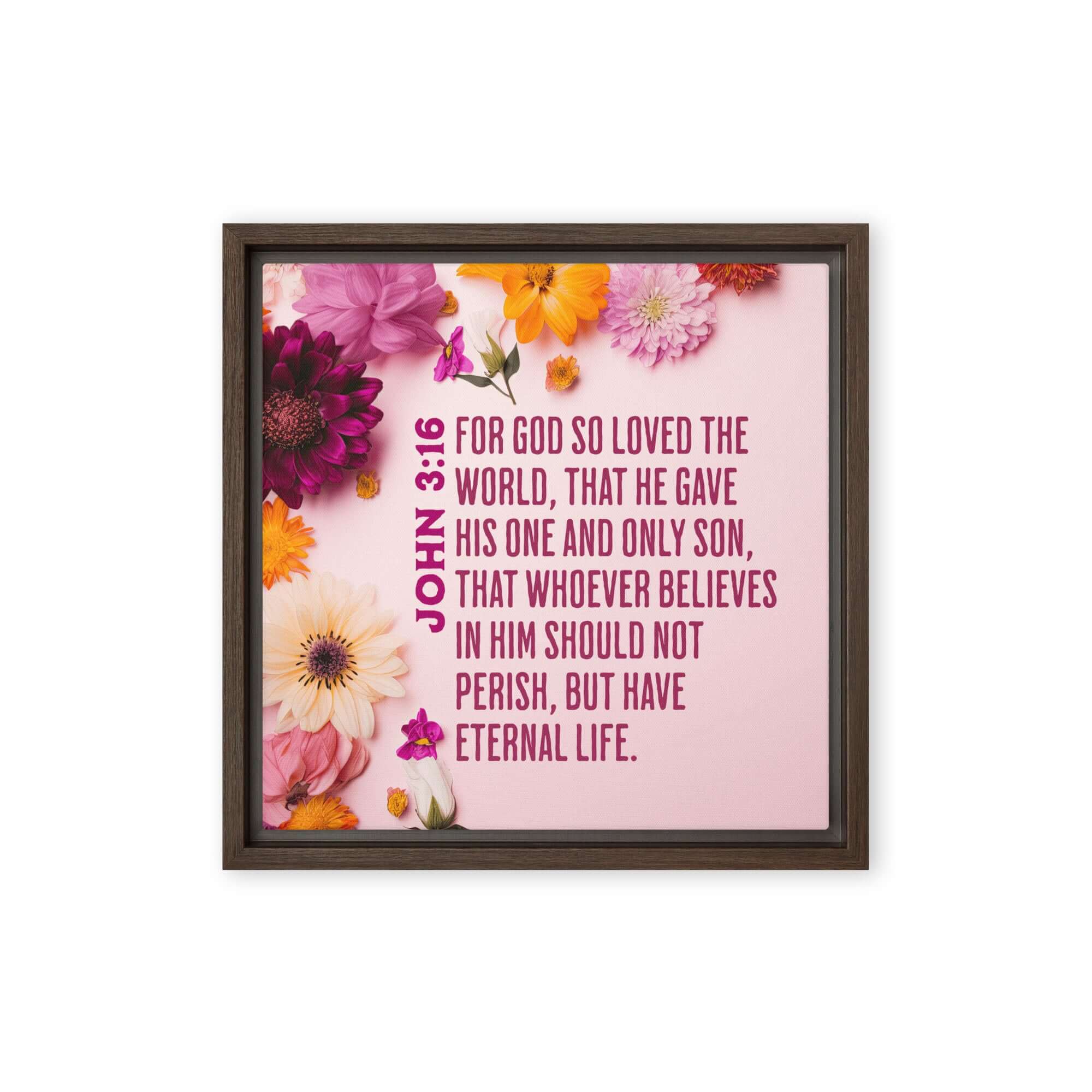 John 3:16 Bible Verse, For God So Loved Framed Canvas Print Wall Art Brown 12″×12″