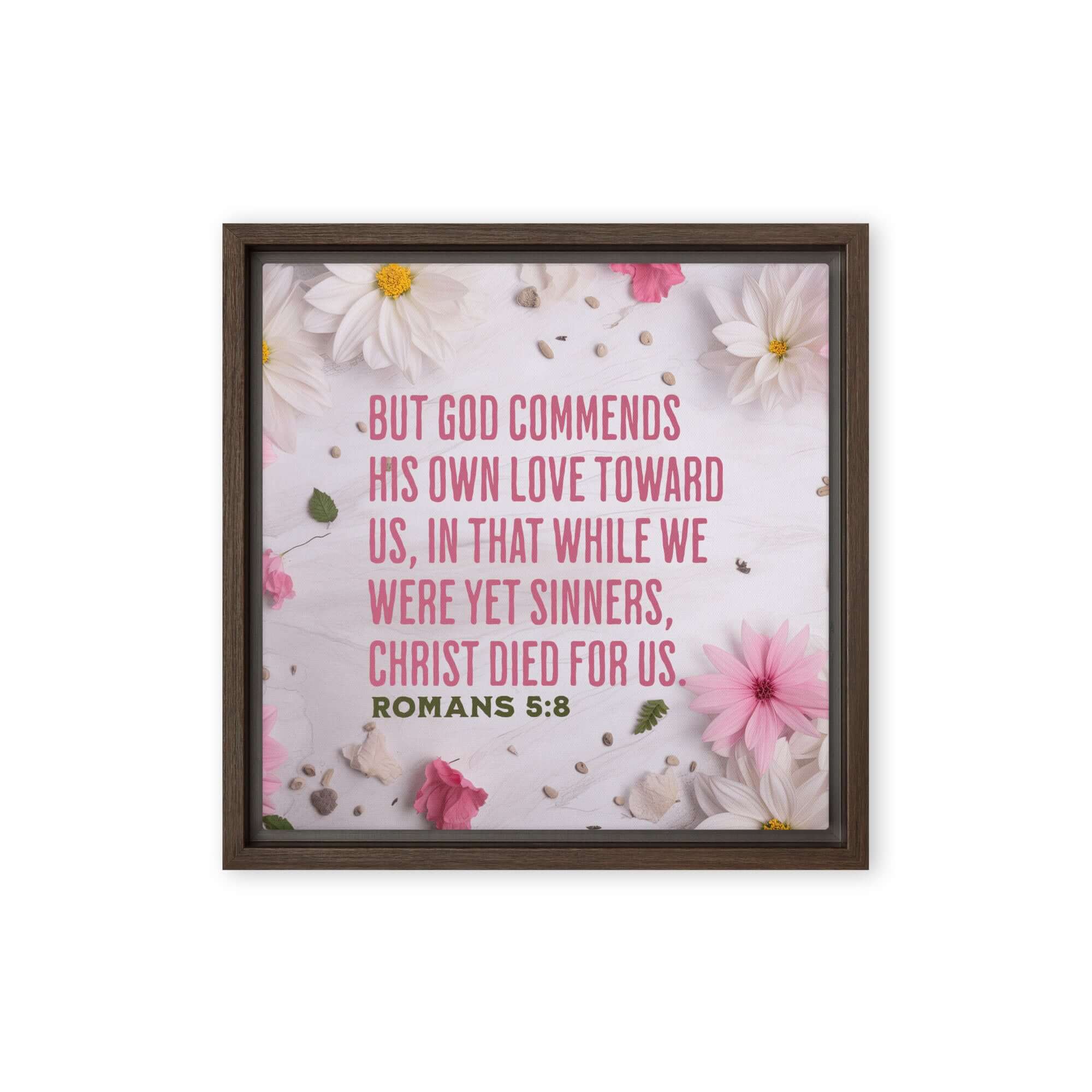 Romans 5:8 Bible Verse, Christ Died for Us Framed Canvas Print Wall Art Brown 12″×12″