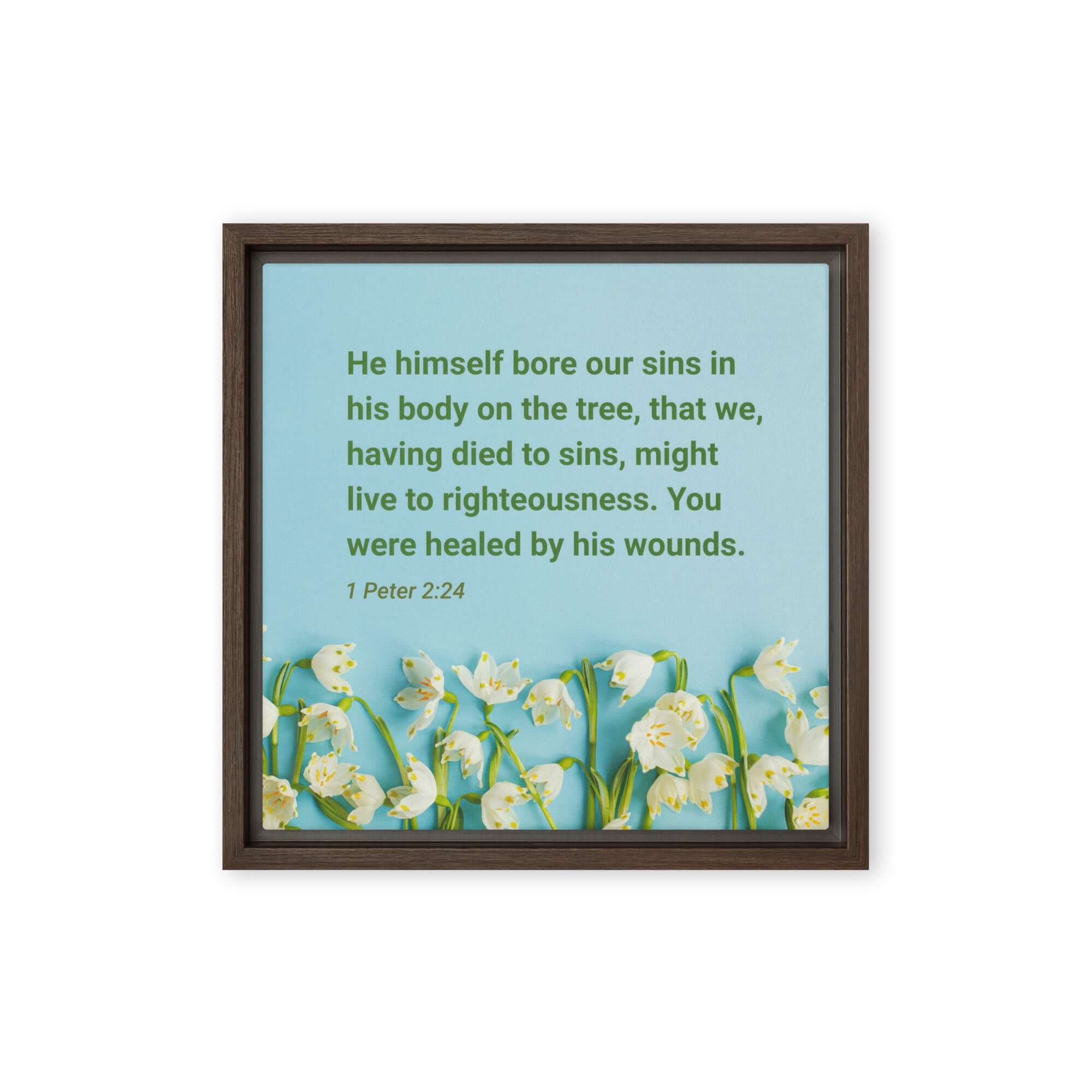 1 Peter 2:24 Bible Verse, healed by His wounds Framed Canvas Print Wall Art Brown 12″×12″