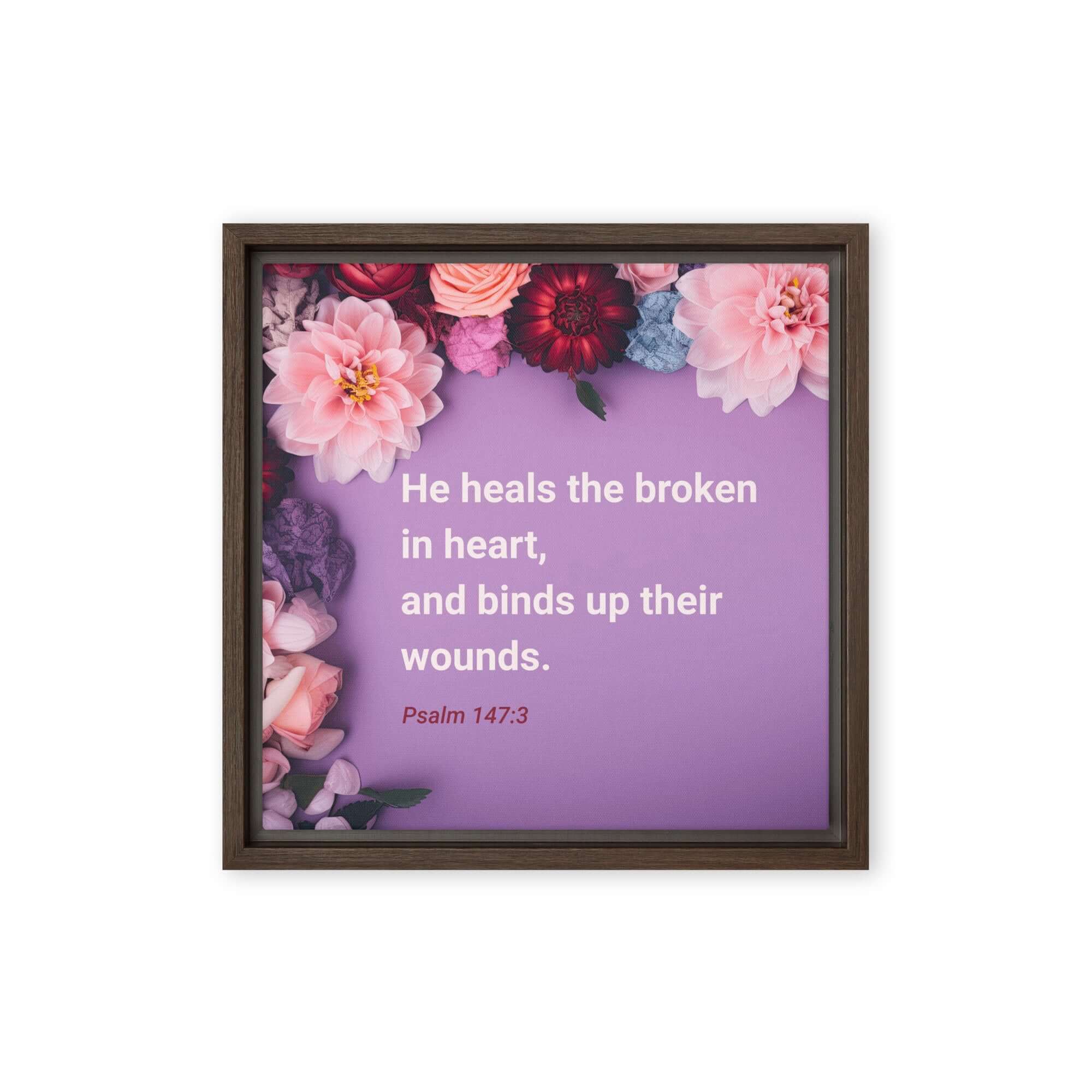 Psalm 147:3 Bible Verse, He heals the broken Framed Canvas Print Wall Art Brown 12″×12″