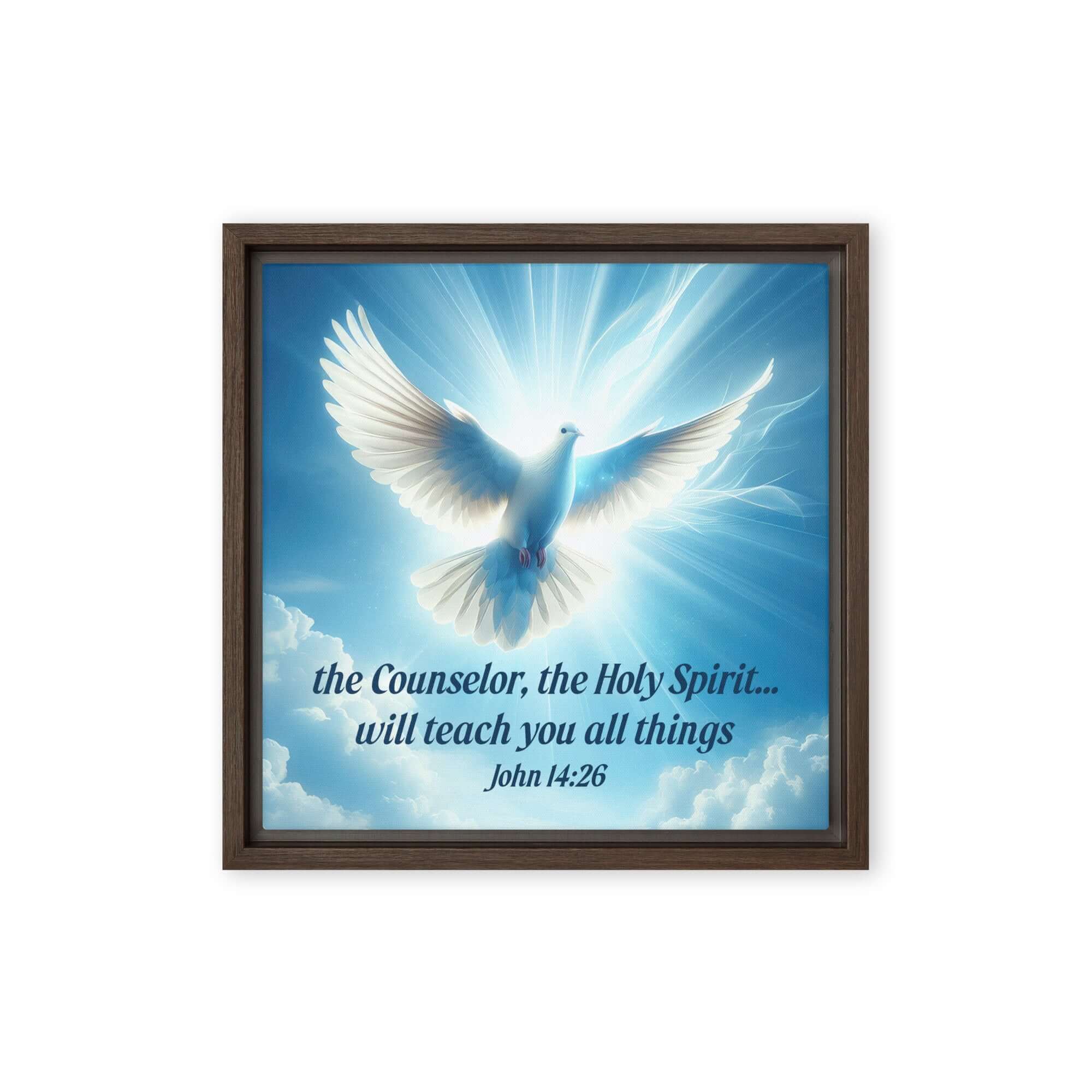 John 14:26 Bible Verse, Holy Spirit Dove Framed Canvas Print Wall Art Brown 12″×12″