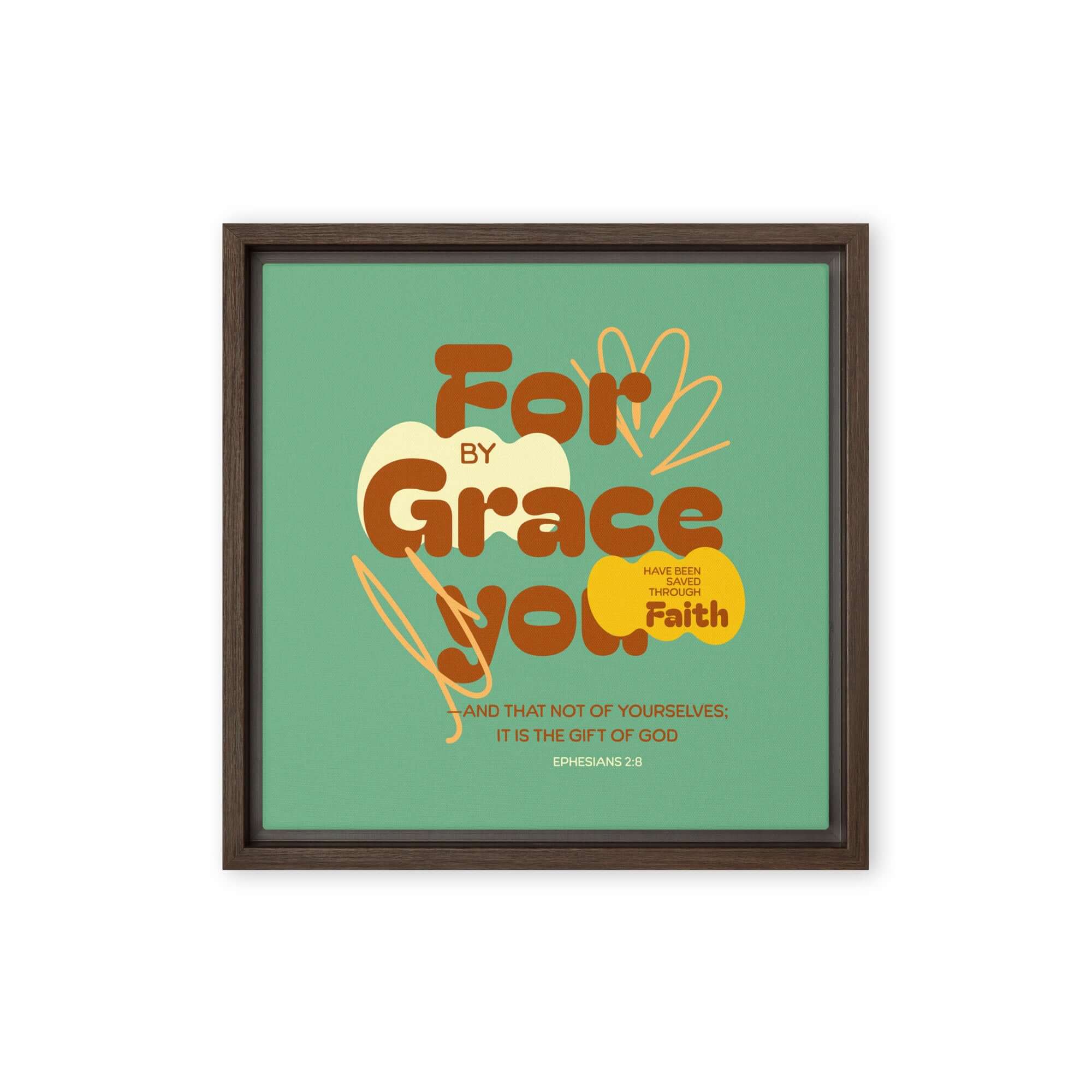 Ephesians 2:8 Bible Verse, for by grace Framed Canvas Print Wall Art Brown 12″×12″