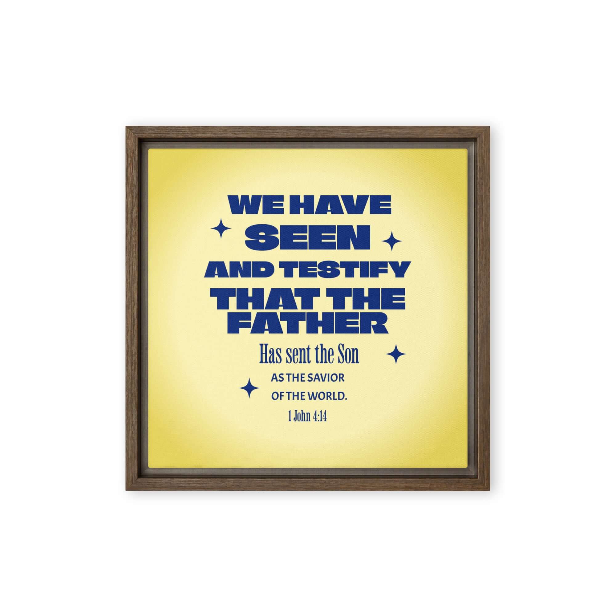 1 John 4:14 Bible Verse, Savior of the world Framed Canvas Print Wall Art Brown 12″×12″