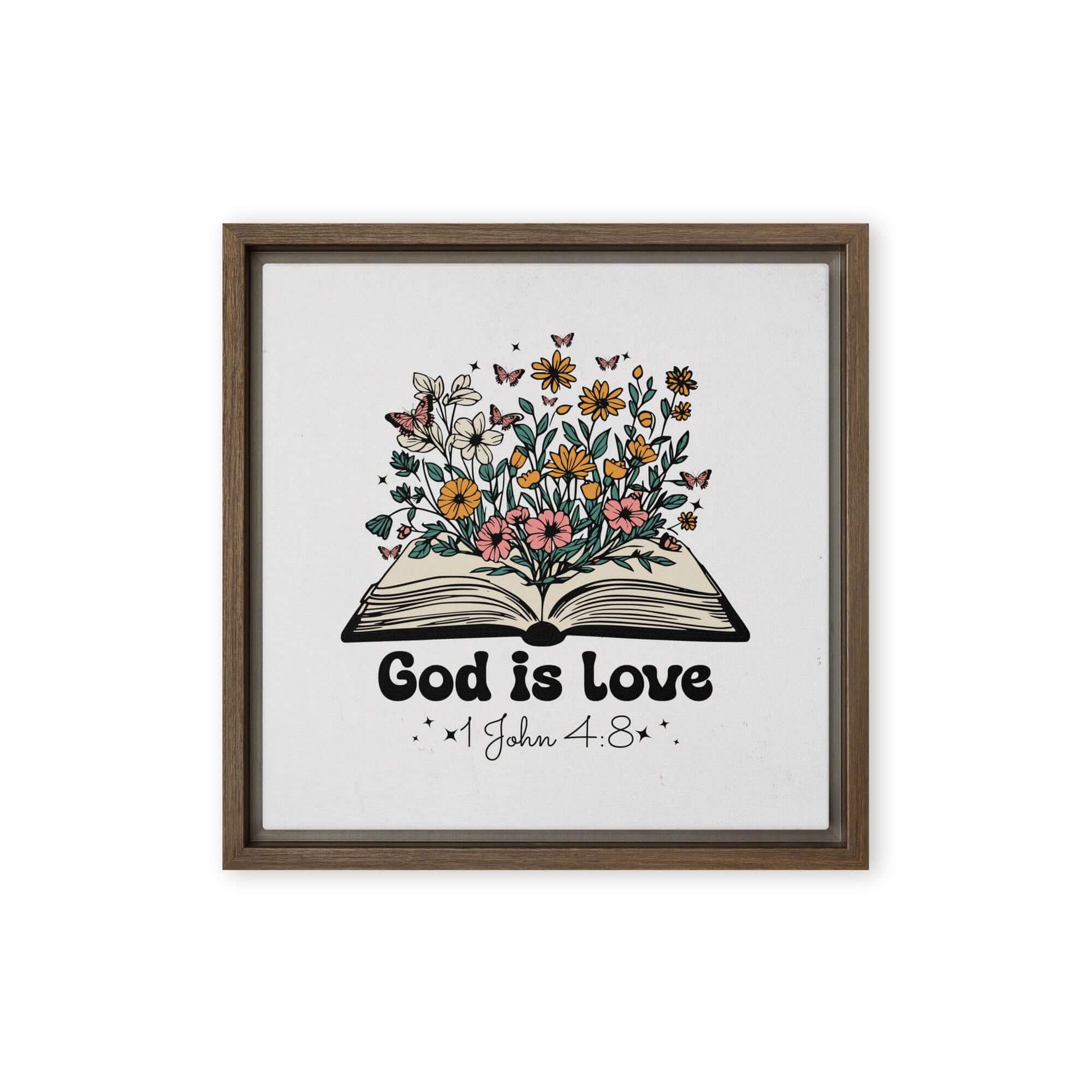 1 John 4:8 Bible Verse, God is Love Framed Canvas Print Wall Art Brown 12″×12″