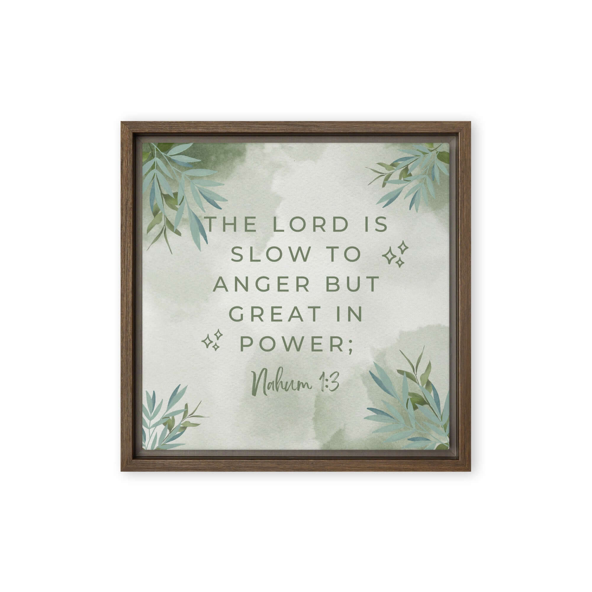 Nahum 1:3 Bible Verse, The Lord is slow Framed Canvas Print Wall Art Brown 12″×12″