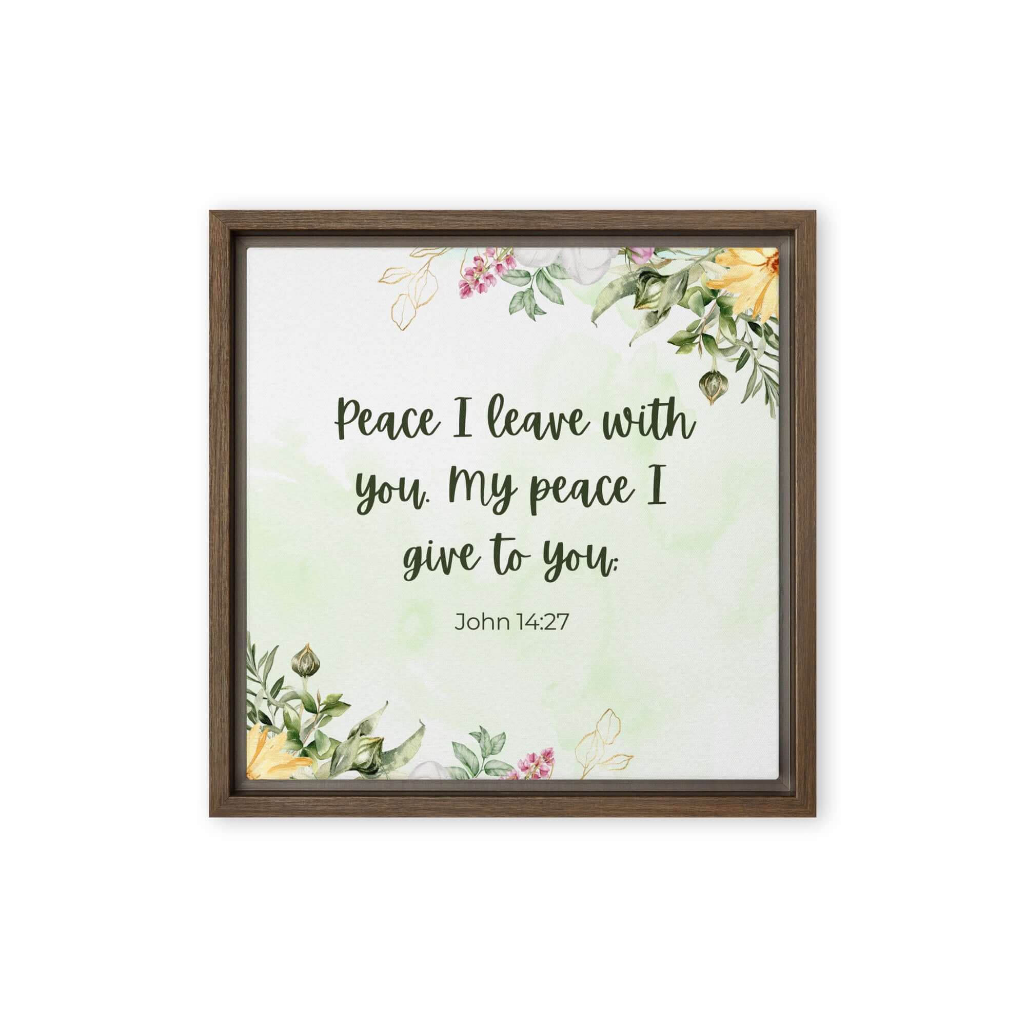 John 14:27 Bible Verse, My peace Framed Canvas Print Wall Art Brown 12″×12″