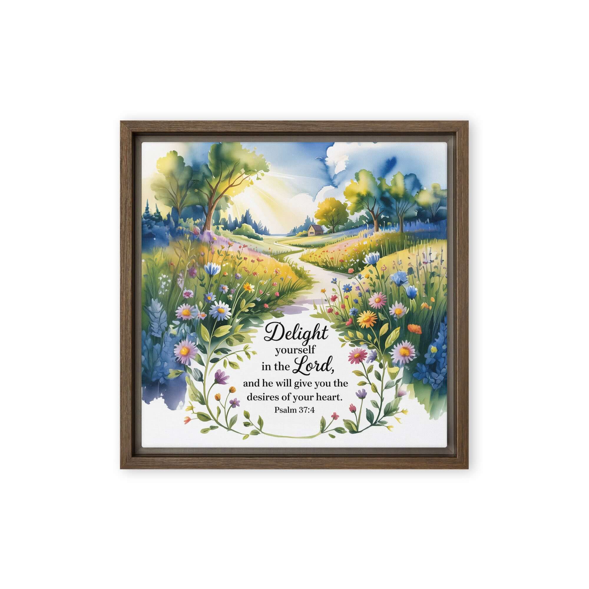 Psalm 37:4 Bible Verse, desires Framed Canvas Brown 12″×12″
