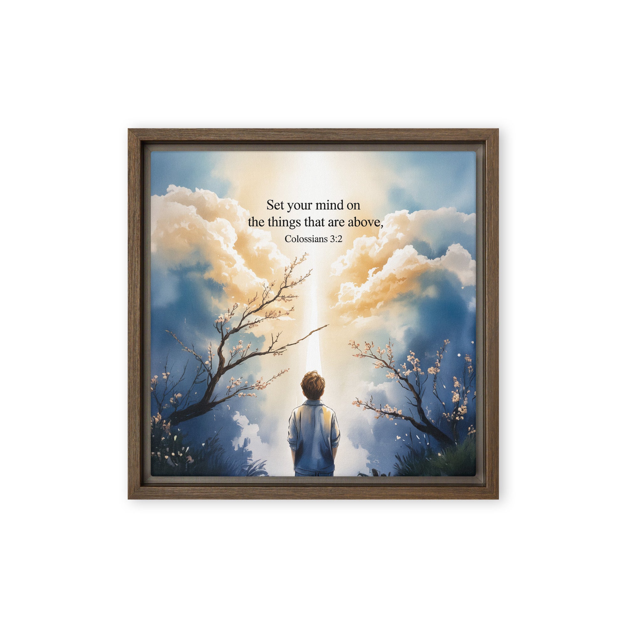 Colossians 3:2 Bible Verse the things Framed Canvas Brown 12″×12″