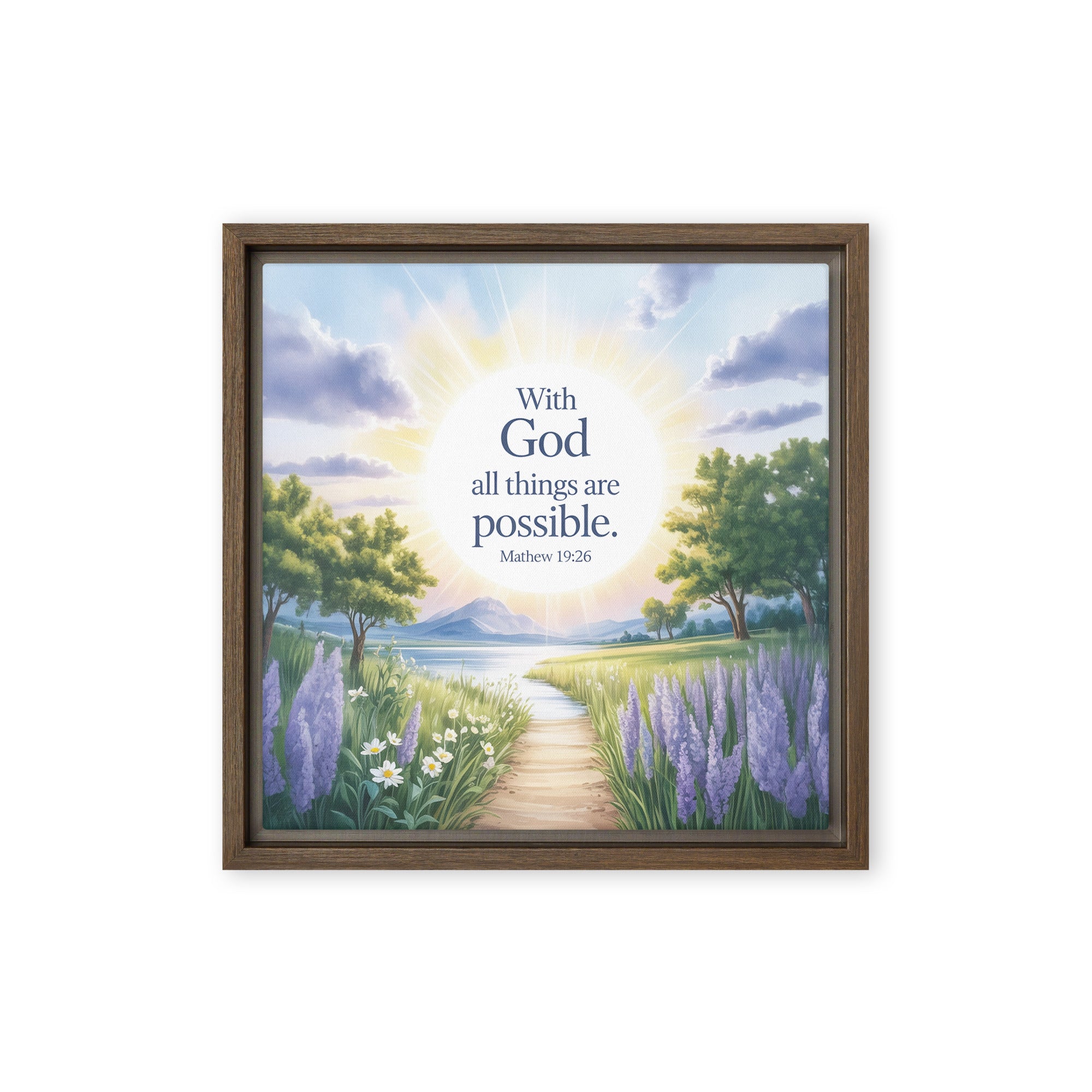 Matthew 19:26 Bible Verse Looking at Framed Canvas Brown 12″×12″
