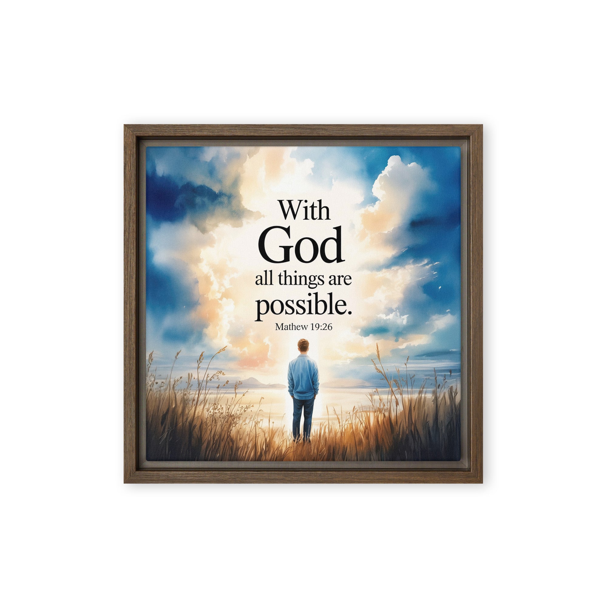 Matthew 19:26 Bible Verse Jesus Framed Canvas Brown 12″×12″