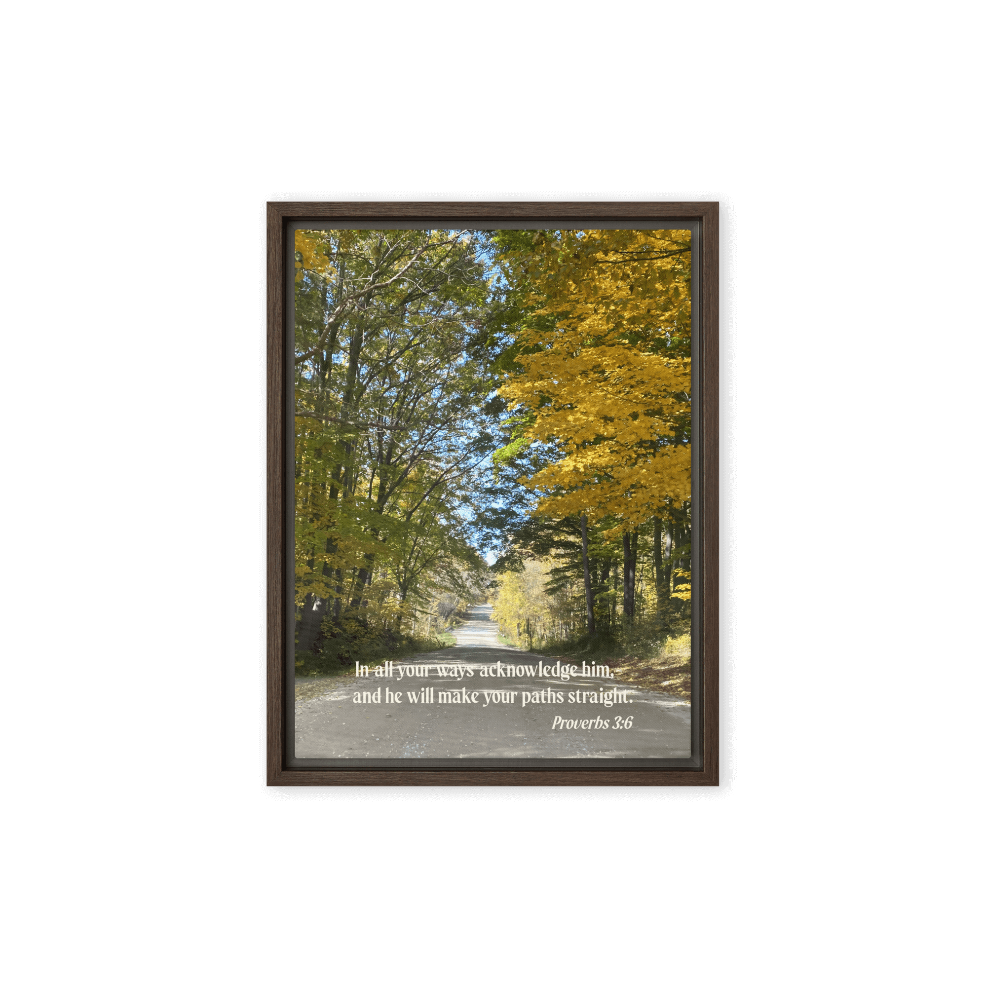 Proverbs 3:6 Bible Verse, Fall Road Framed Canvas Print Wall Art Brown 12″×16″