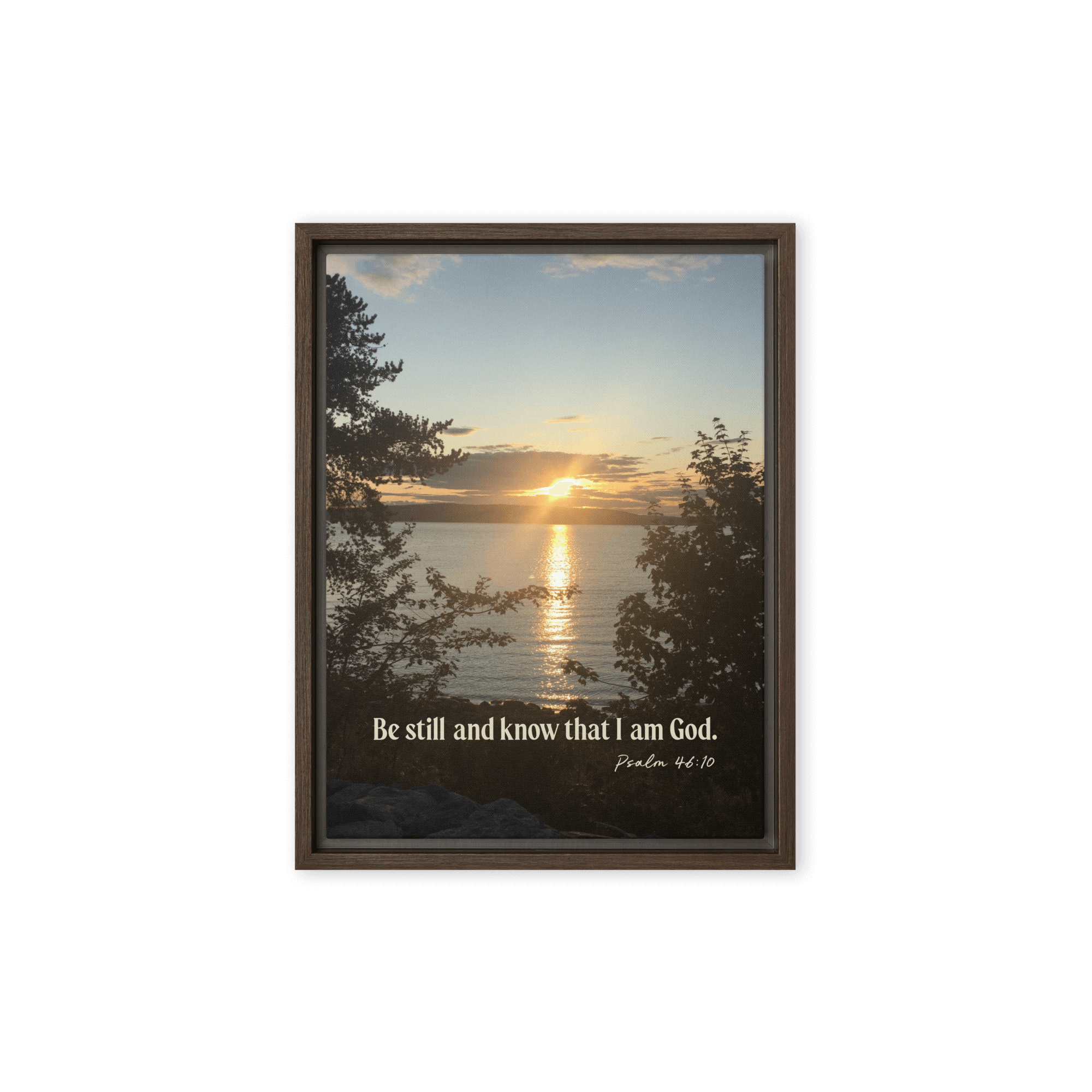 Psalm 46:10 Bible Verse, Sunset Glory Framed Canvas Print Wall Art Brown 12″×16″