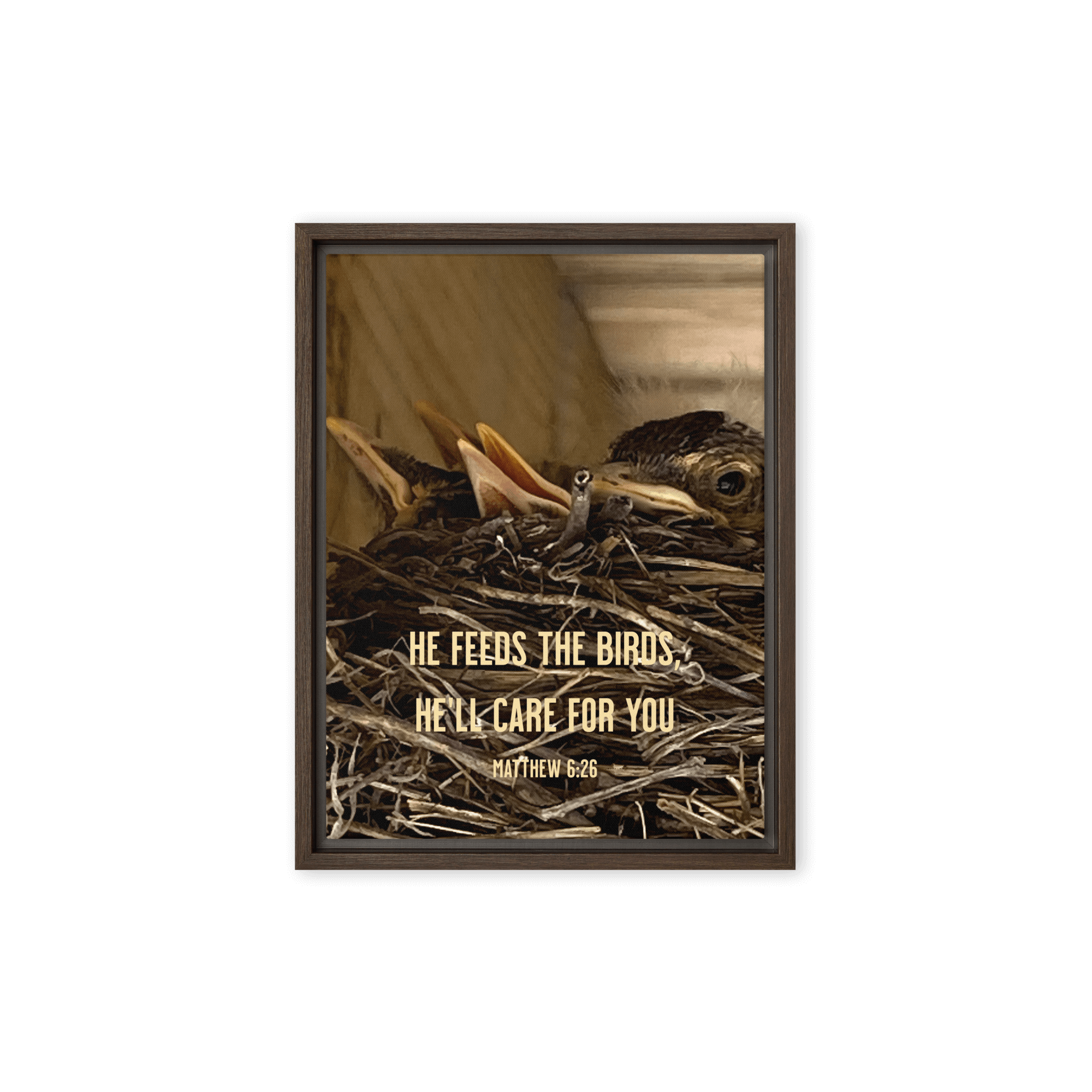Matthew 6:26 Baby Robins, He'll Care for You Framed Canvas Print Wall Art Brown 12″×16″