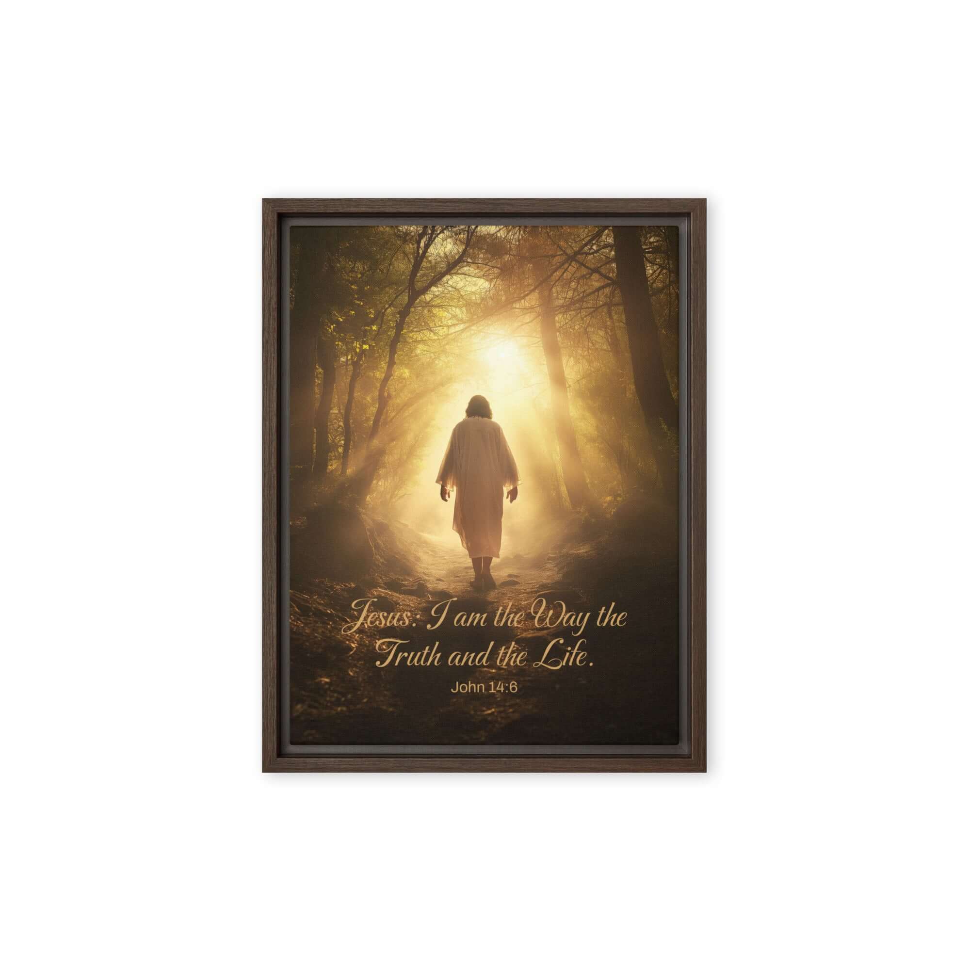 John 14:6 Bible Verse, Forest Image Framed Canvas Print Wall Art Brown 12″×16″
