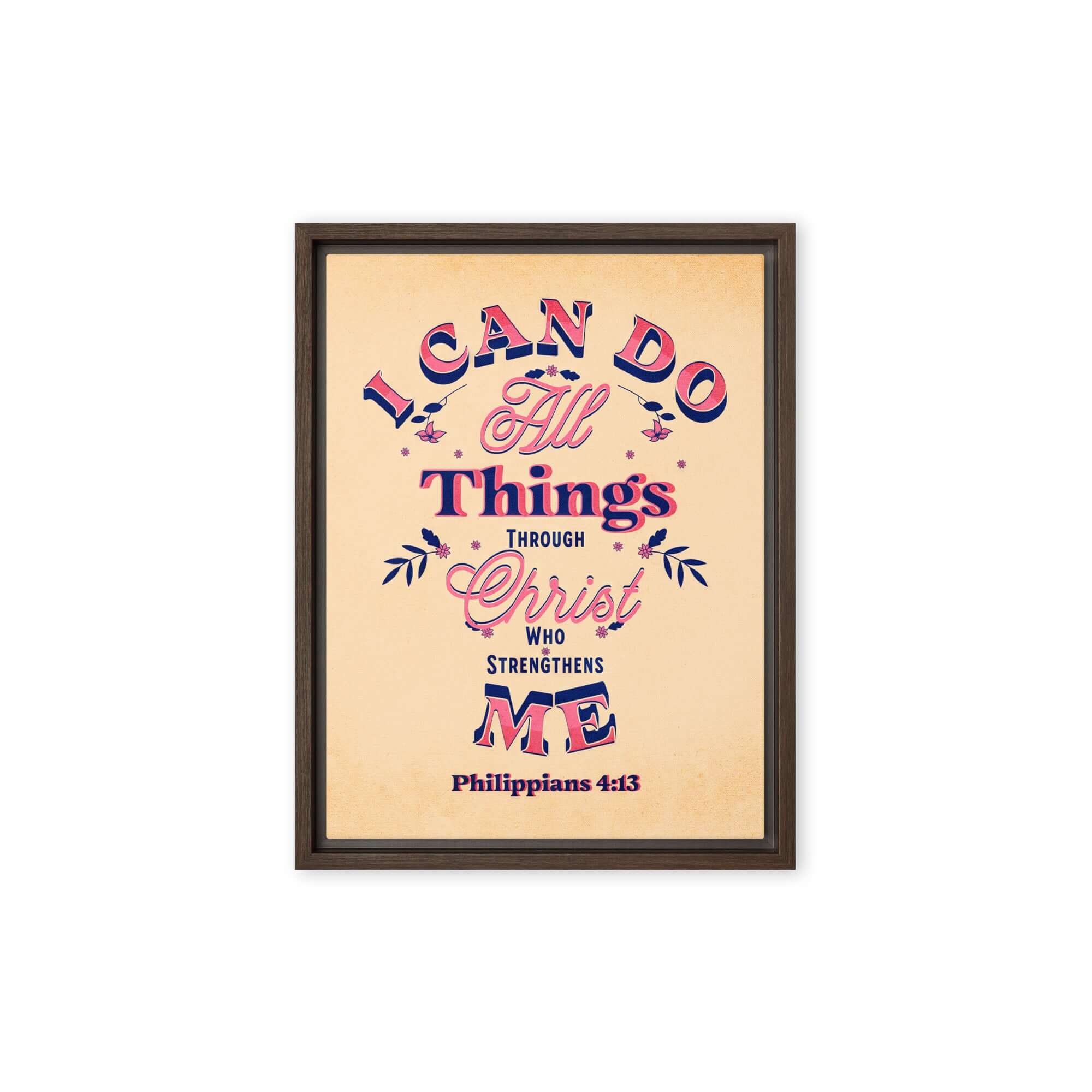 Philippians 4:13 Bible Verse, Christ Strengthens Me Framed Canvas Print Wall Art Brown 12″×16″