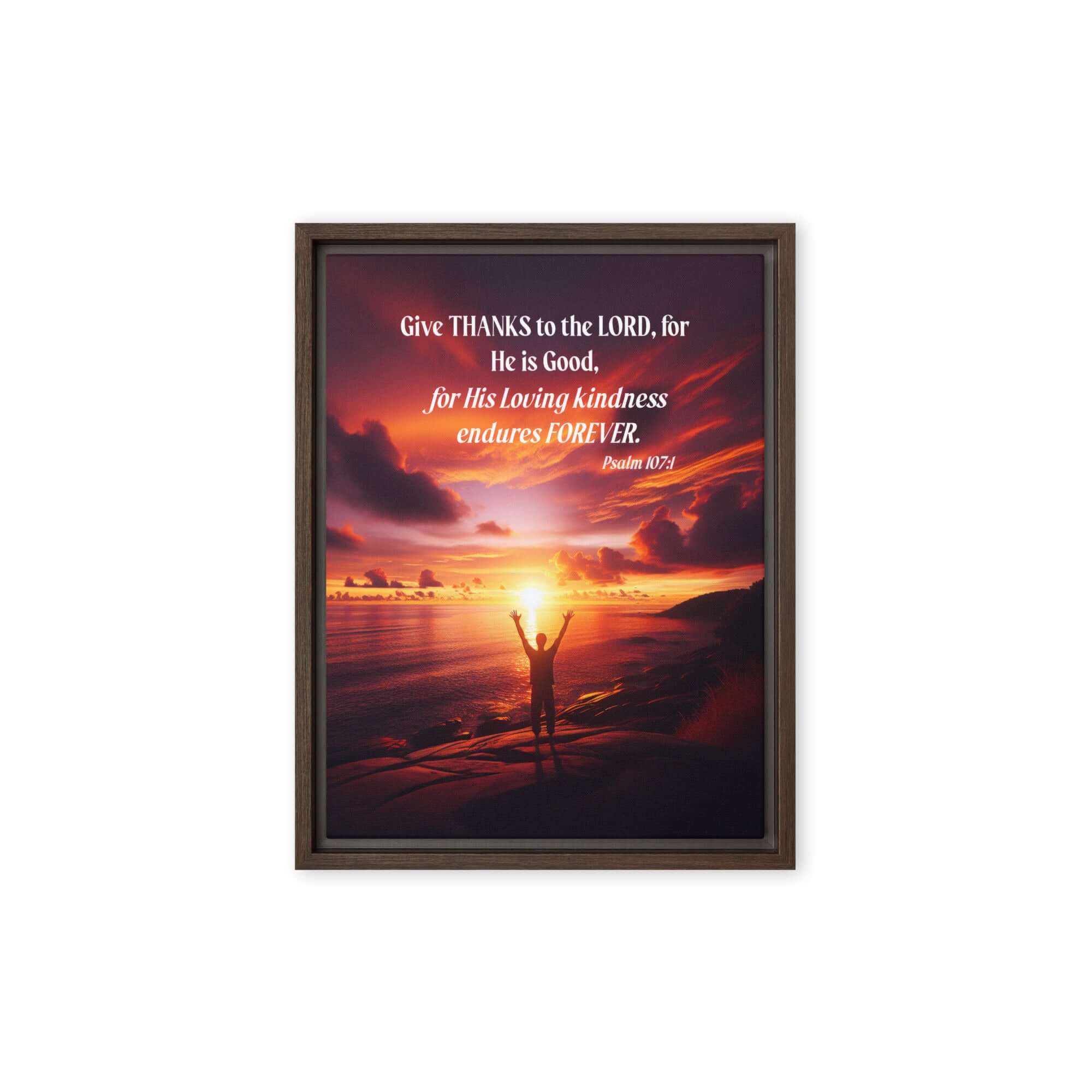 Psalm 107:1 Bible Verse, Give Thanks to the Lord Framed Canvas Print Wall Art Brown 12″×16″