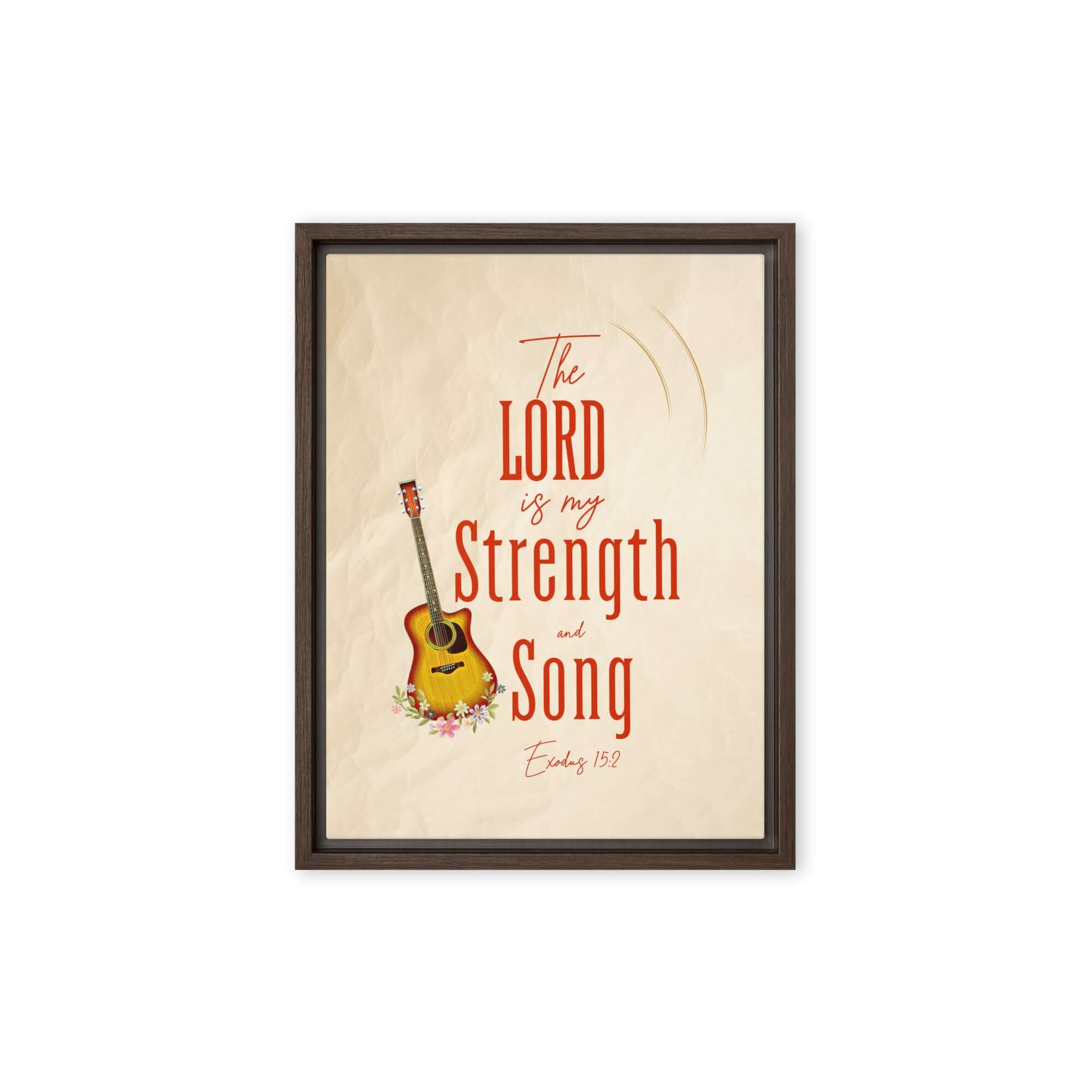 Exodus 15:2 Bible Verse, The LORD is my strength Framed Canvas Print Wall Art Brown 12″×16″